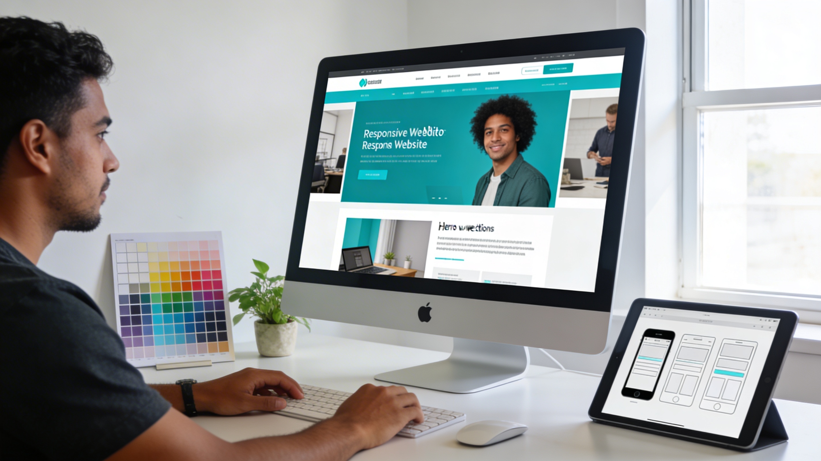 Creative professional designing a modern responsive website on a large monitor