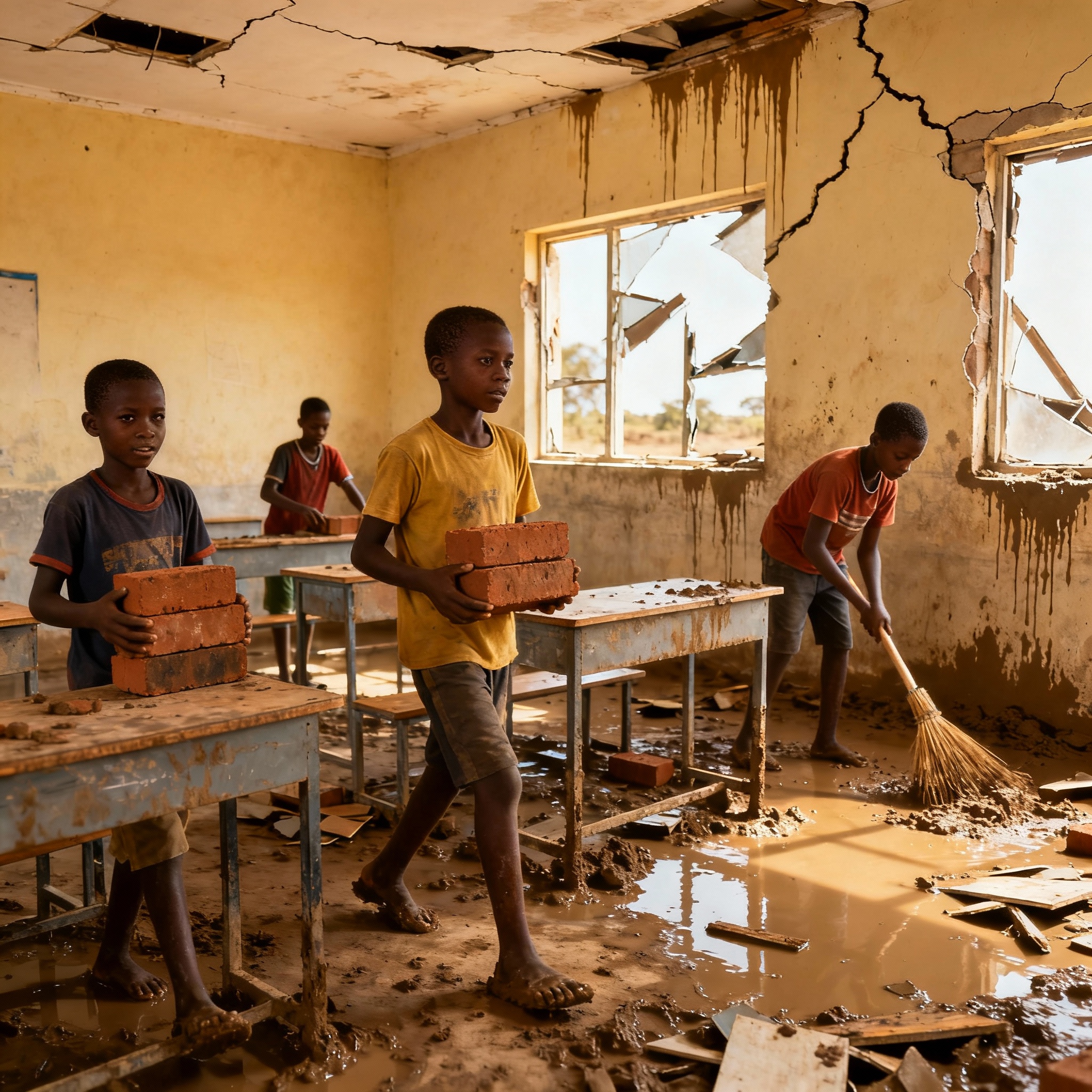 Young Sudanese students working together to rebuild their flooddamaged school