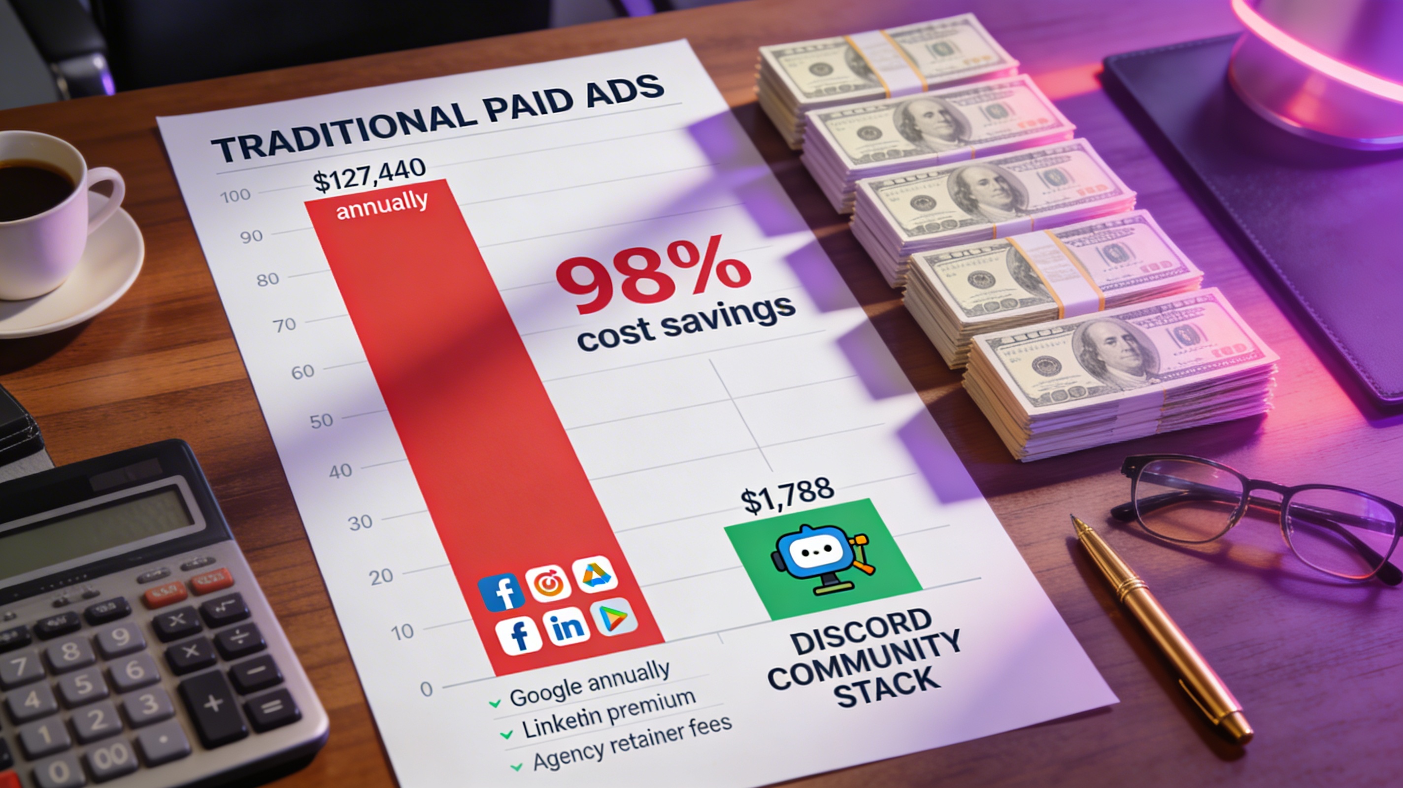 Photorealistic financial bar chart on executive desk showing massive towering red bar labeled TRADITIONAL PAID ADS at $199,200 annually versus tiny green bar labeled AI LEAD MACHINE STACK at $1,788 annually with dramatic size difference and stacks of hundred dollar bills representing 98% cost savings
