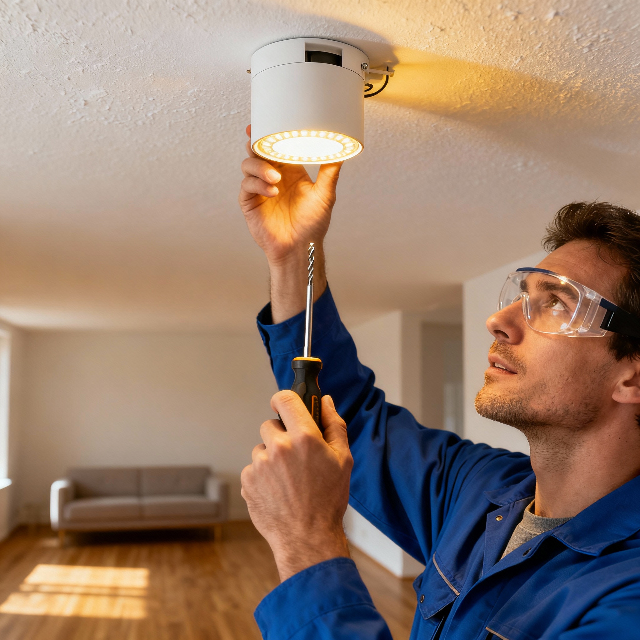 Professional handyman installing light fixture
