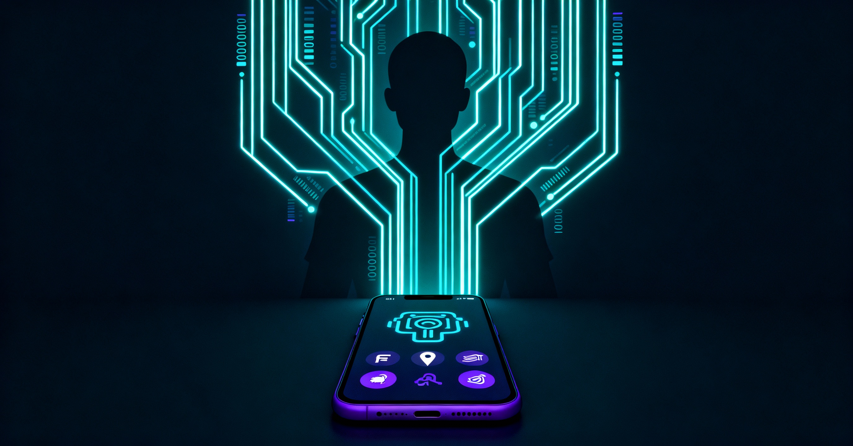 Futuristisches Beitragsbild: Unsichtbare KI-Algorithmen steuern den Alltag in Neon-Cyan