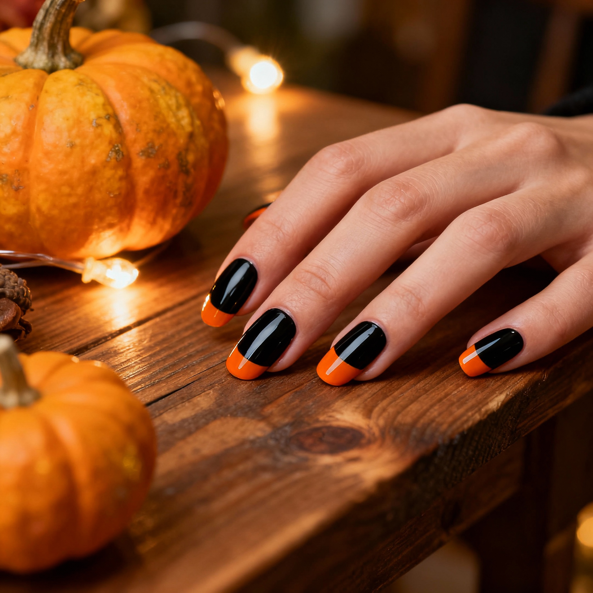 Halloween French tip nails with warm autumn props and cozy lighting