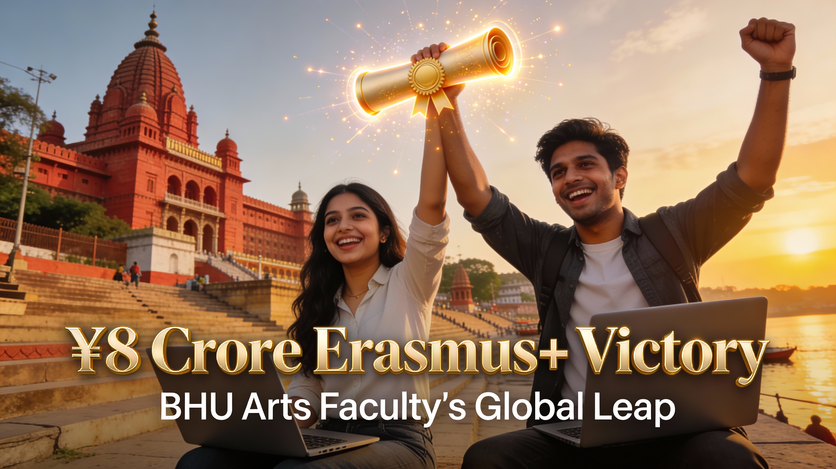 BHU students celebrating record ₹8 Crore Erasmus+ grant at Banaras Hindu University campus with Ganges ghats