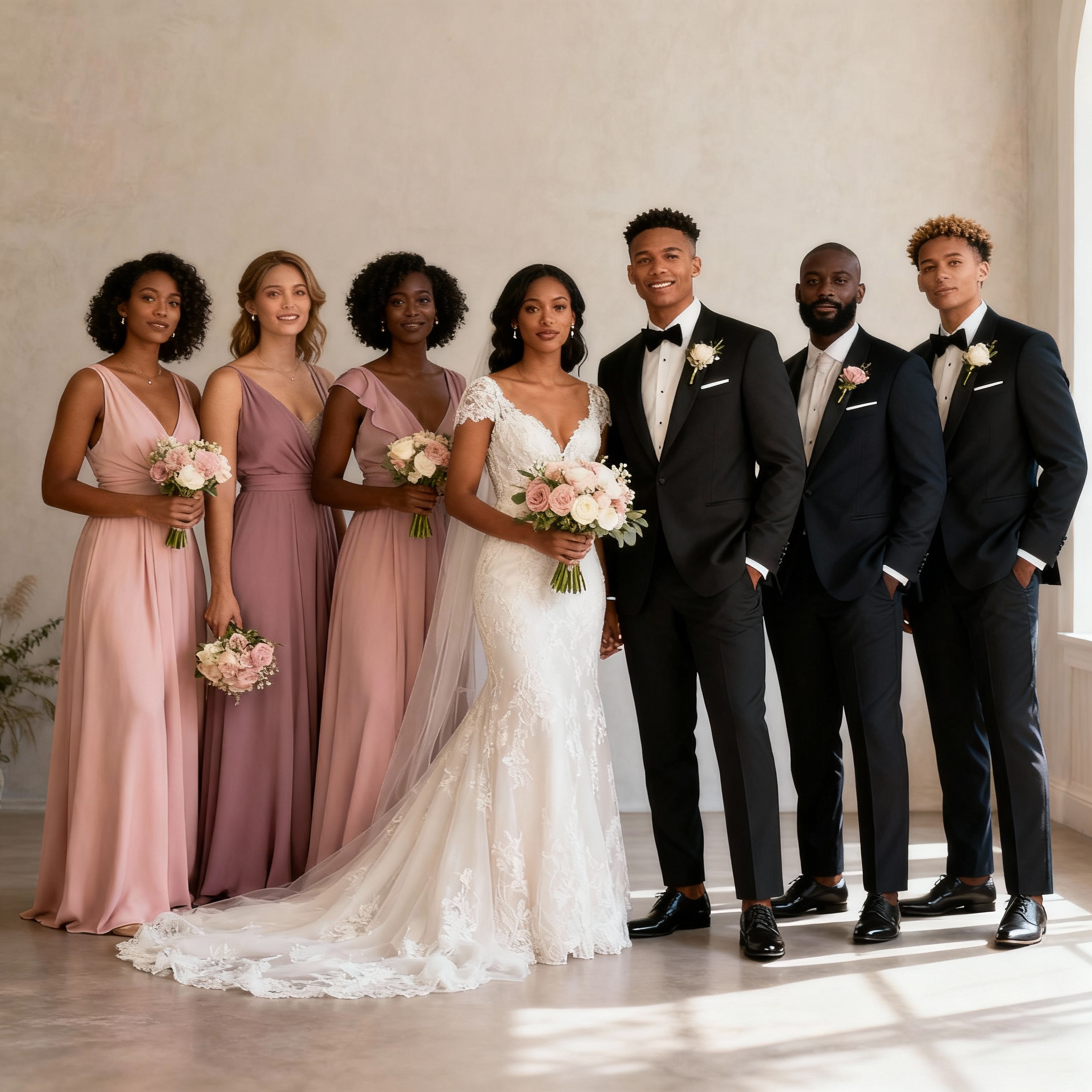 Complete coordinated wedding party showcase featuring bridesmaids, groomsmen, and bride in unified styling