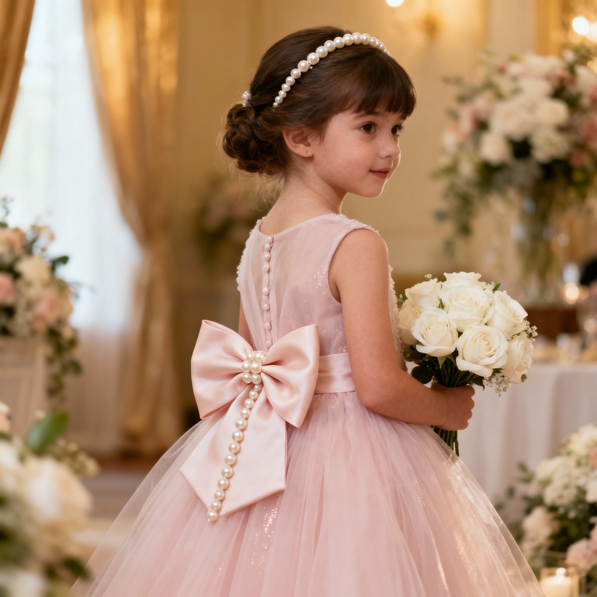 Young flower girl in elegant light pink tulle dress with pearl bow at back