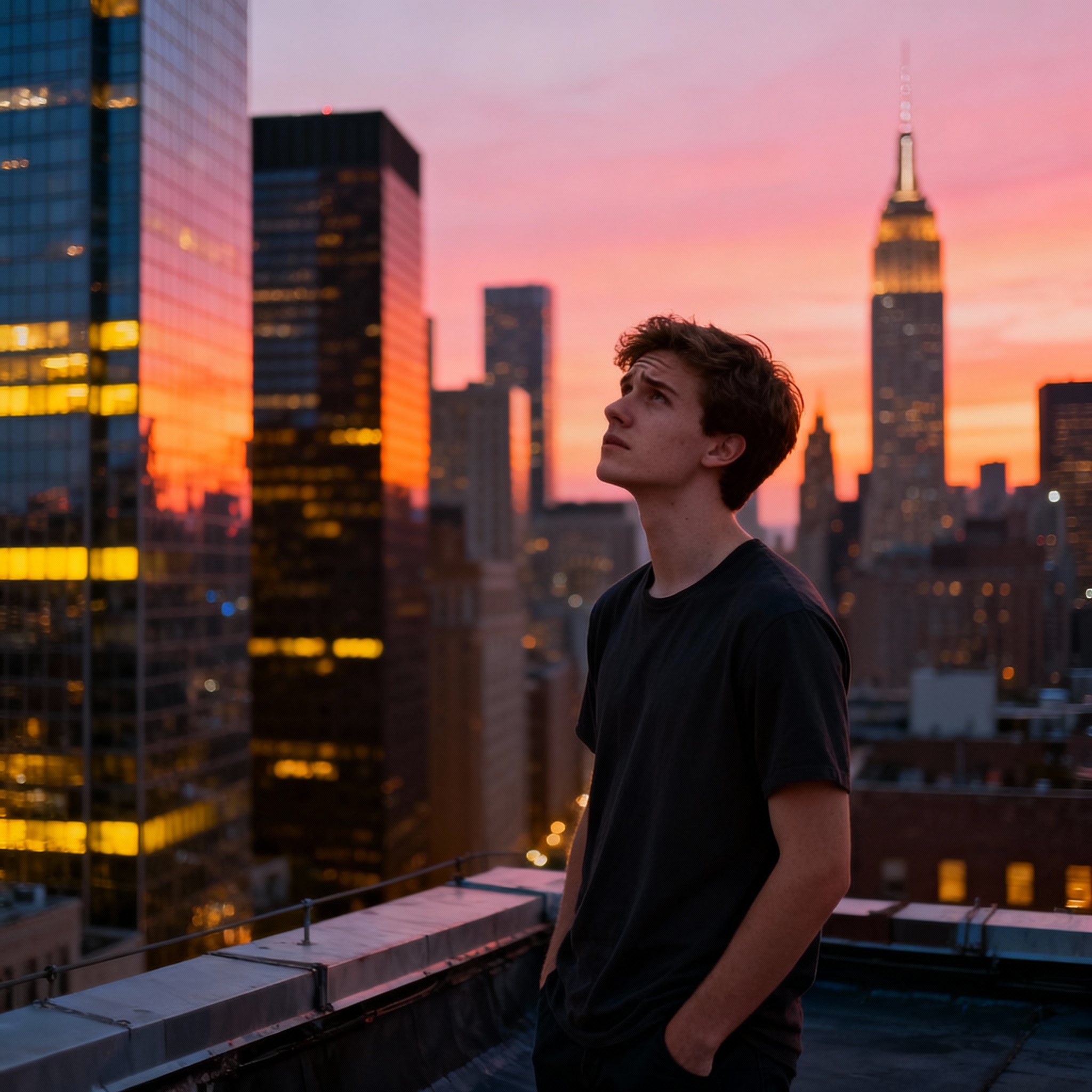 A person looking thoughtfully at a complex city skyline at dusk, symbolizing the ENTP mind.