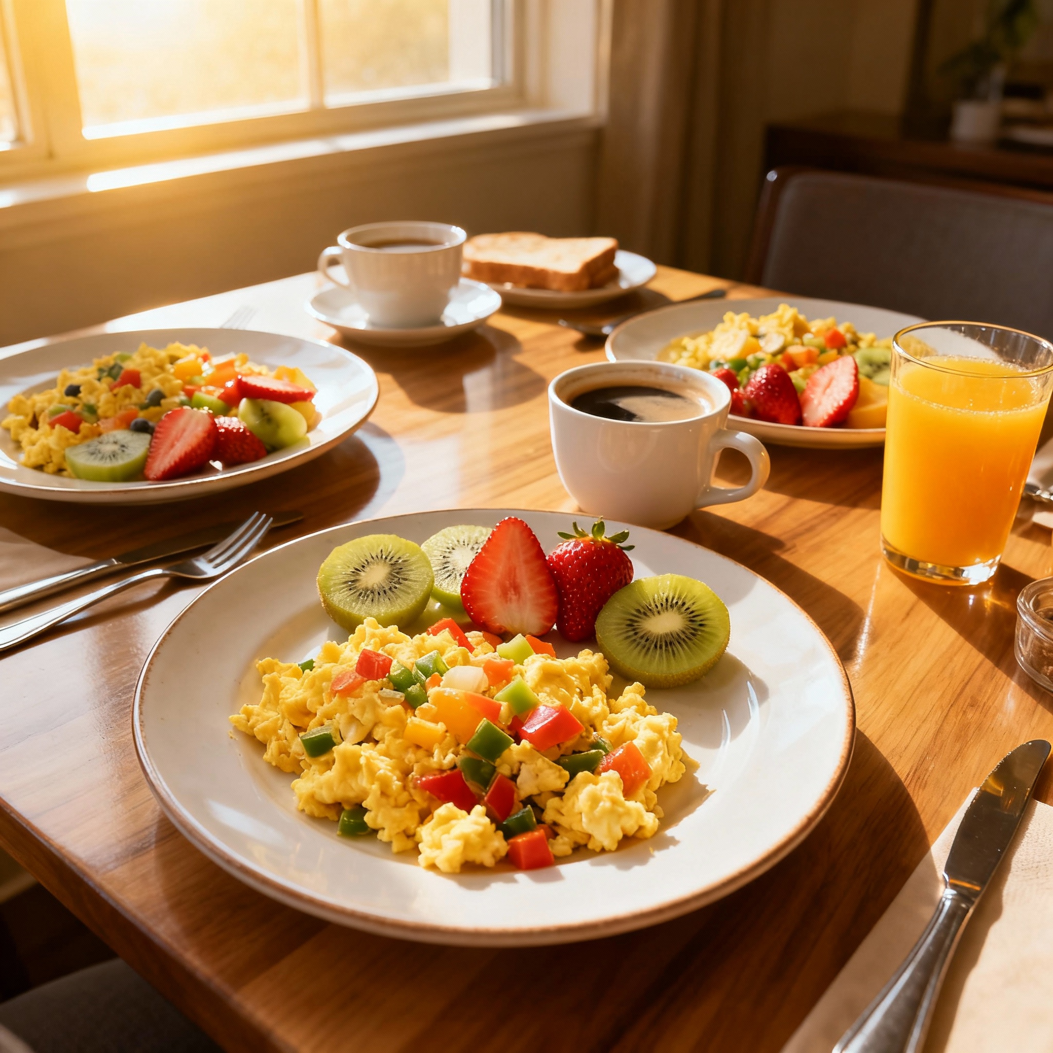 Scrambled eggs with vegetables breakfast