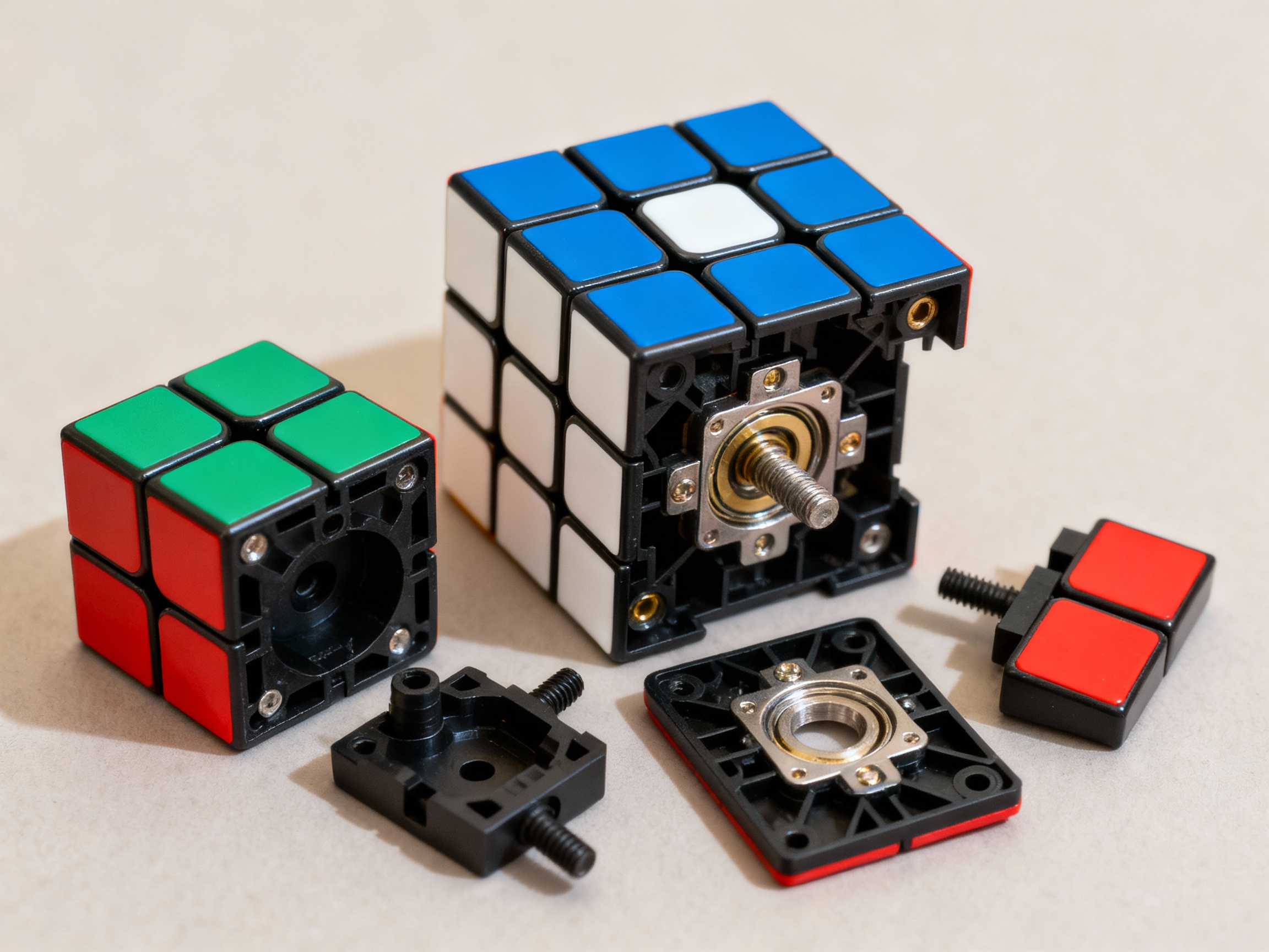 Typical speedcube disassembly showing all internal pieces and core components