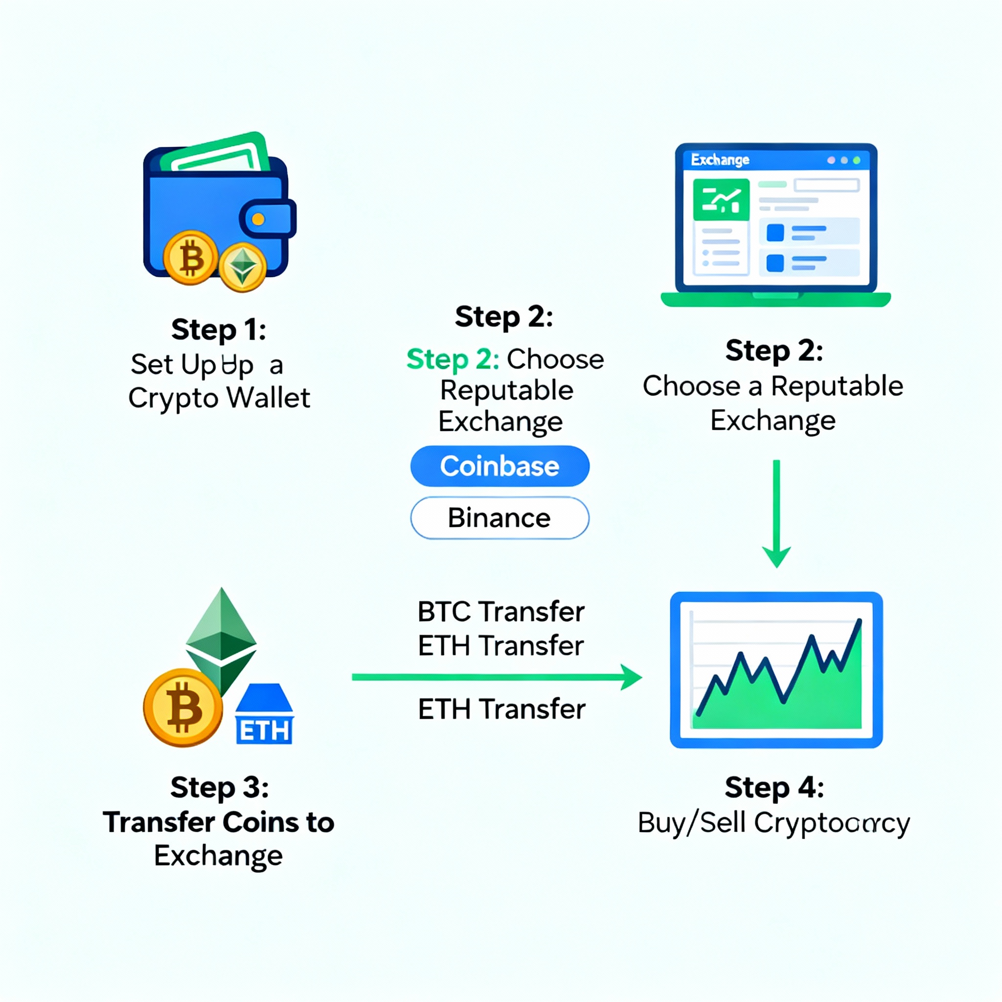 Step-by-step cryptocurrency investment guide for beginners with wallet and exchange illustrations