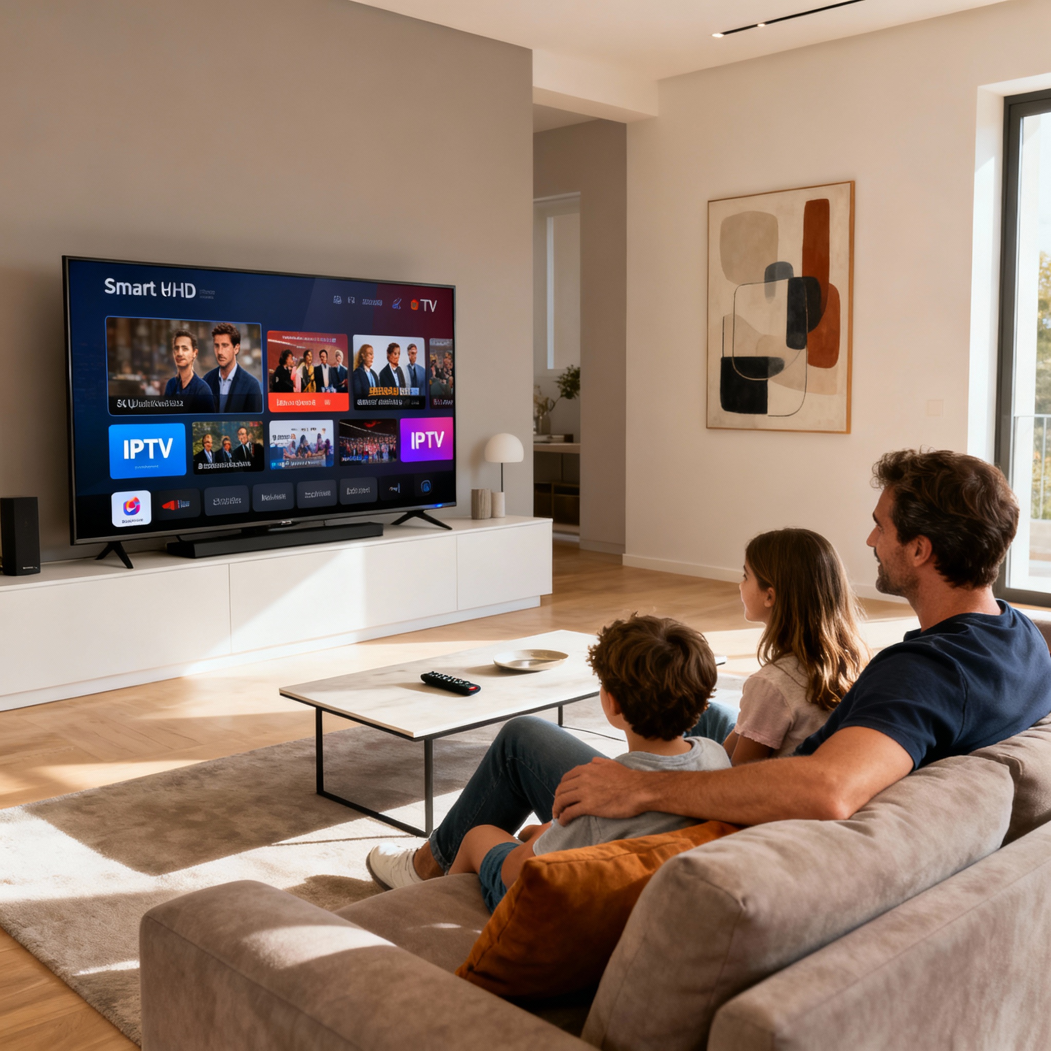 Famille utilisant IPTV France en streaming HD