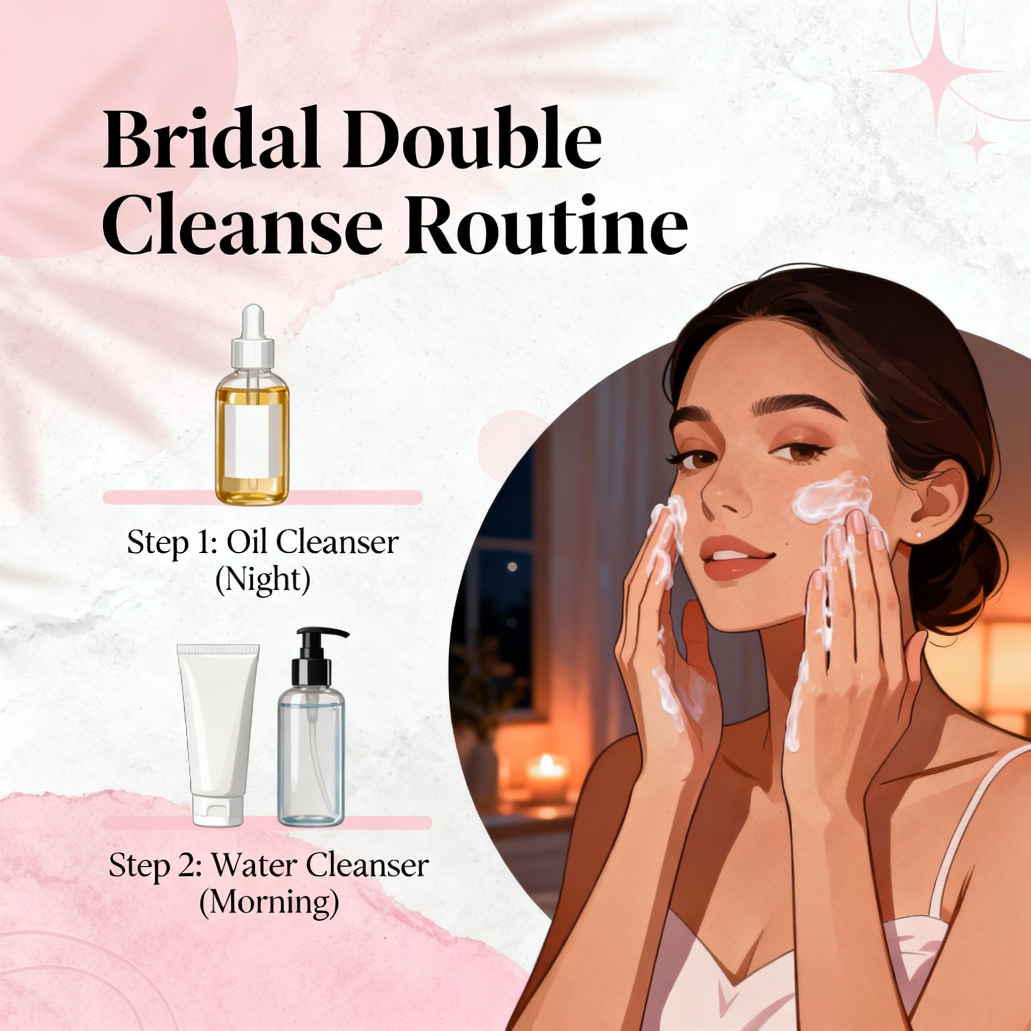 Proper cleansing routine with gentle double cleanse method for wedding-ready skin