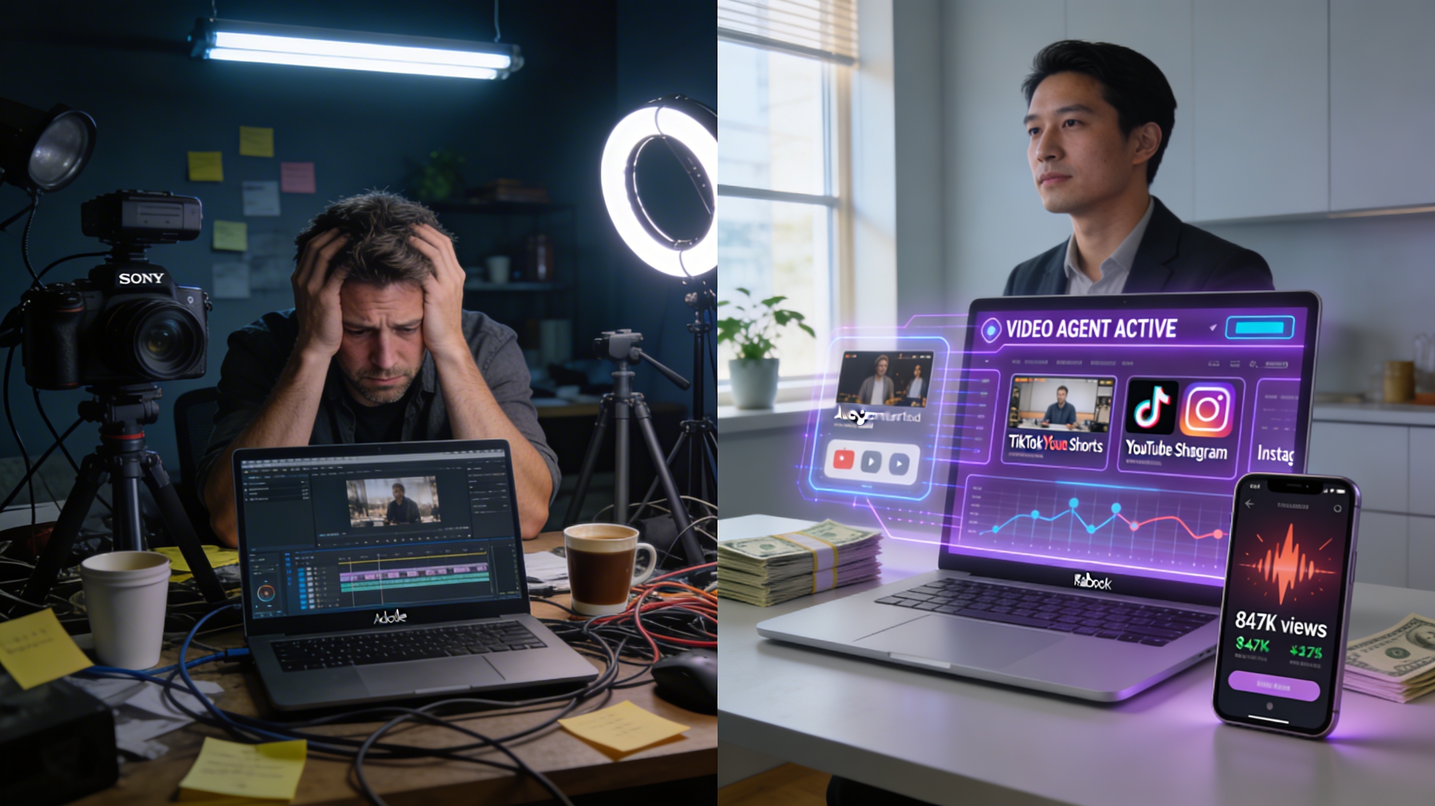 Photorealistic dramatic split screen comparison showing exhausted American small business owner surrounded by expensive camera equipment and editing software on left, versus calm entrepreneur with AI agent dashboard auto-generating viral videos on right with view counts and cash stacks