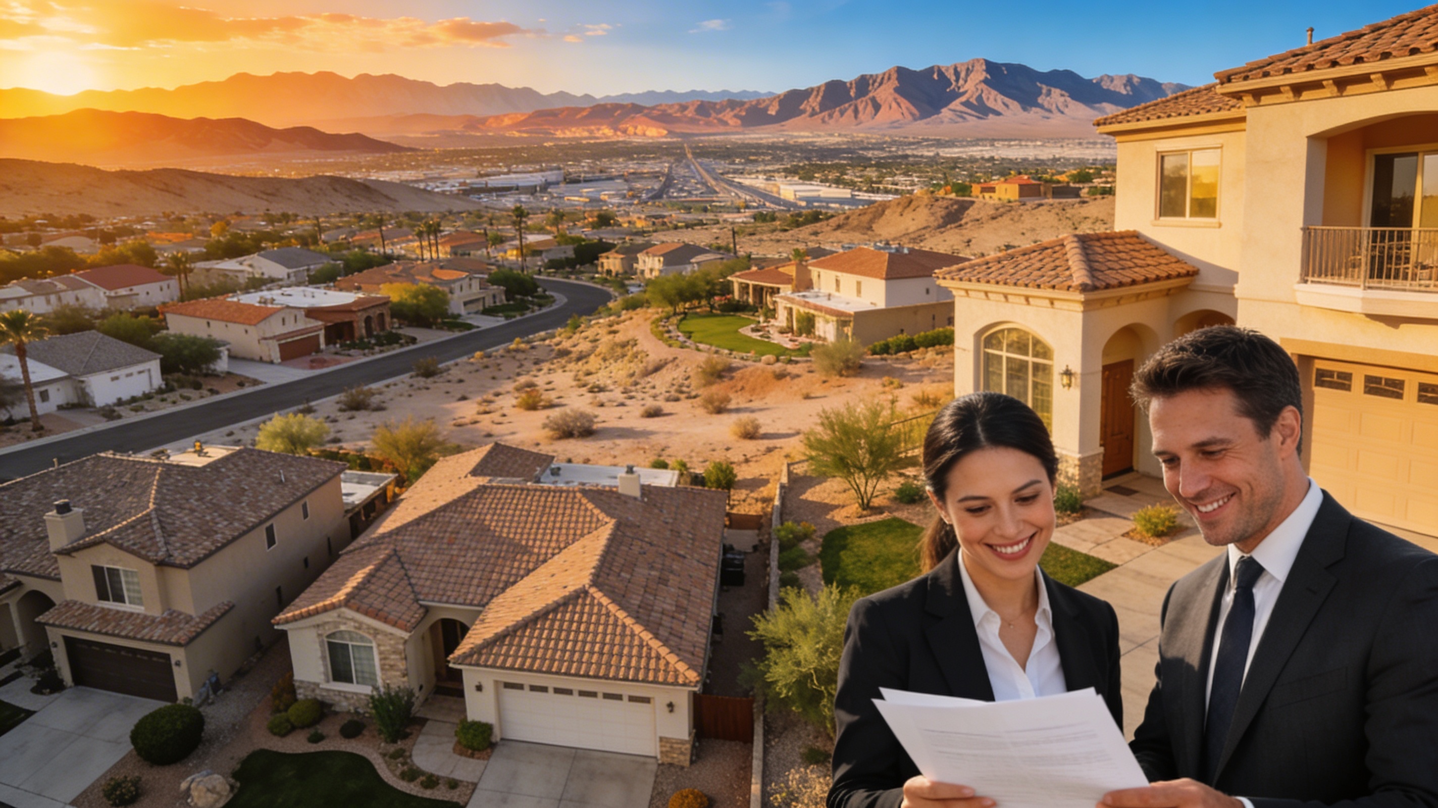 A modern luxury home in a Nevada desert landscape at dusk, with warm glowing interior lighting, infinity pool, and mountain views, representing premium Nevada real estate in December 2025
