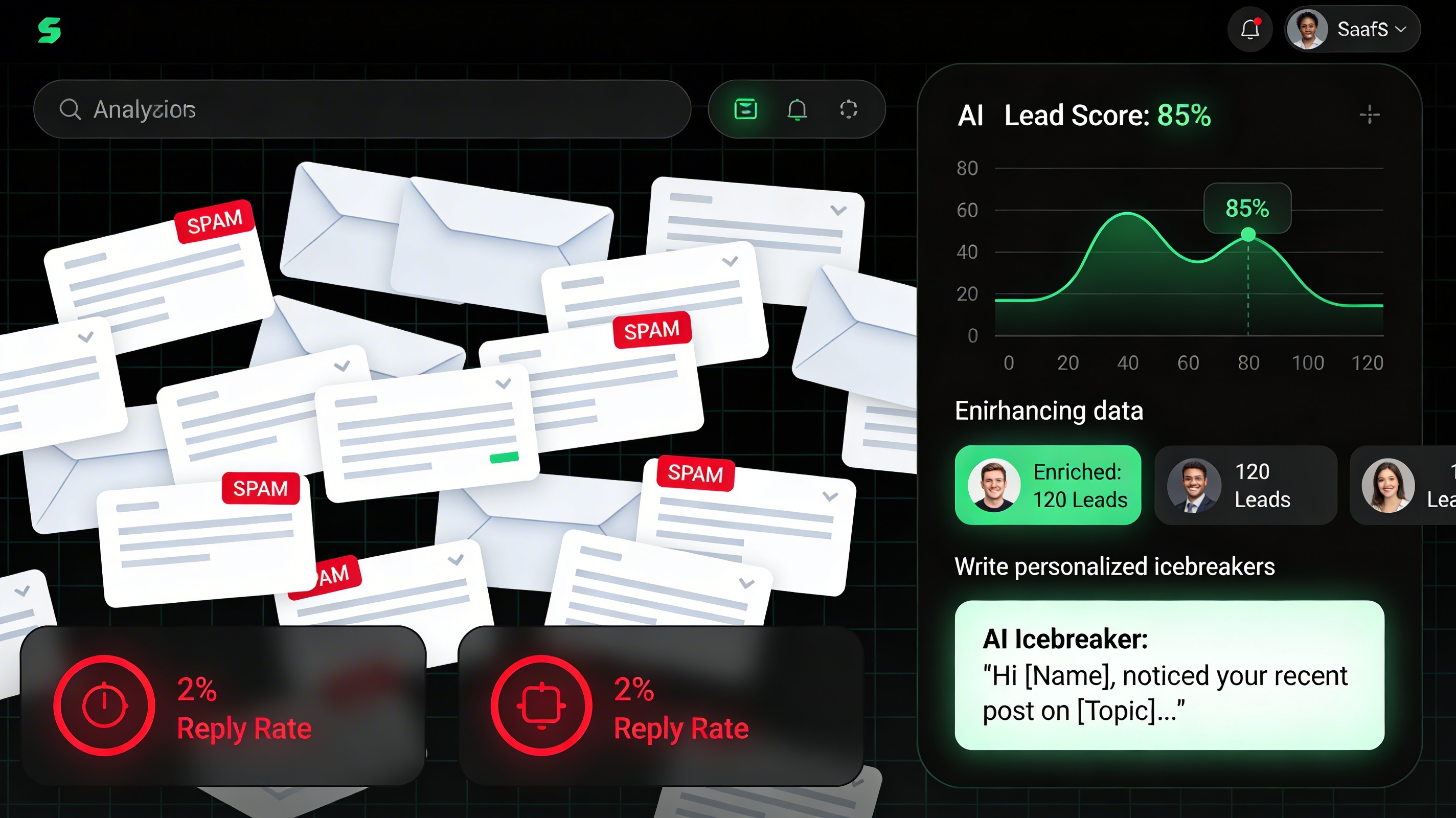 Dashboard showing crowded spammy inbox on one side and AI-enriched, personalized cold outreach on the other.