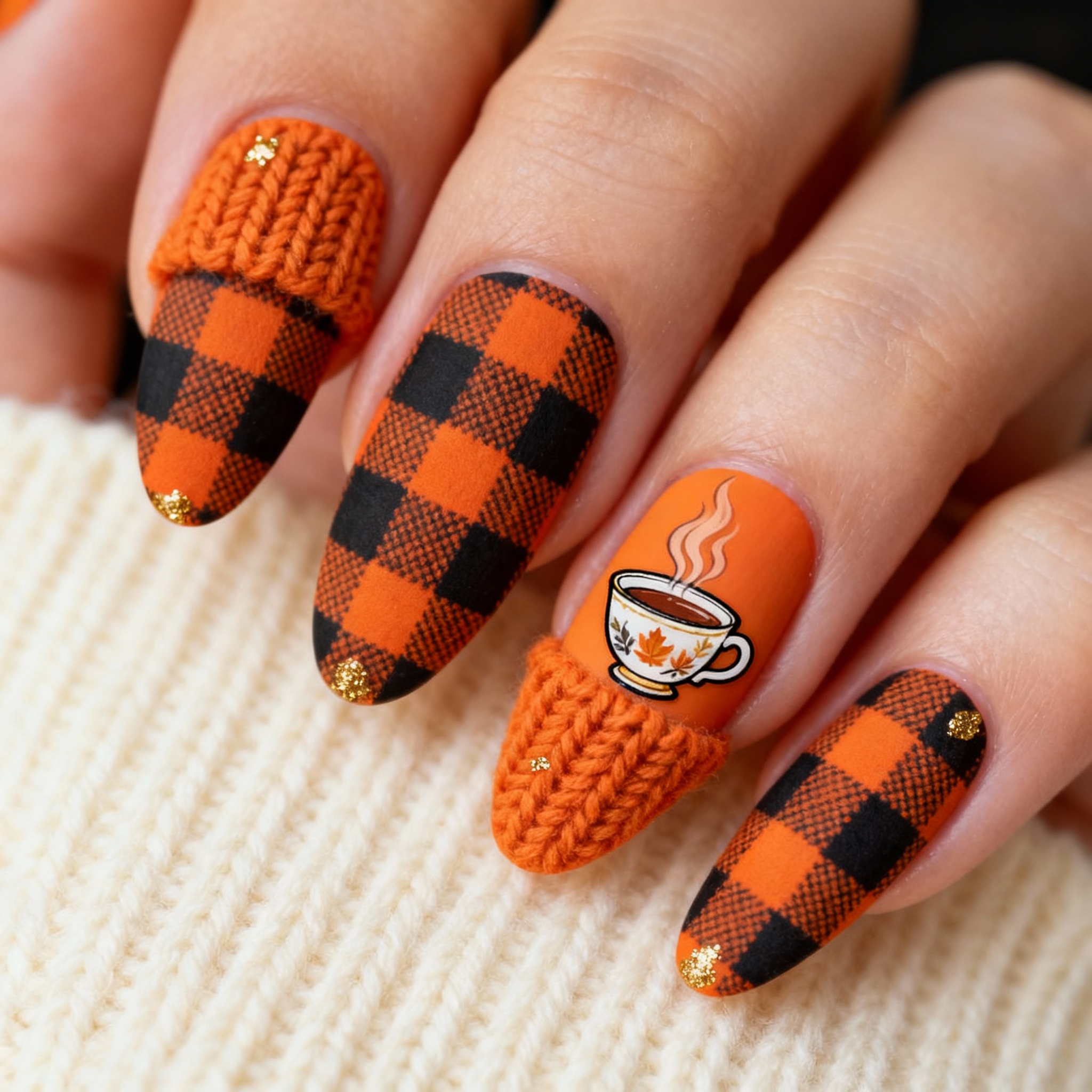 Halloween plaid tartan nail design with cozy autumn styling