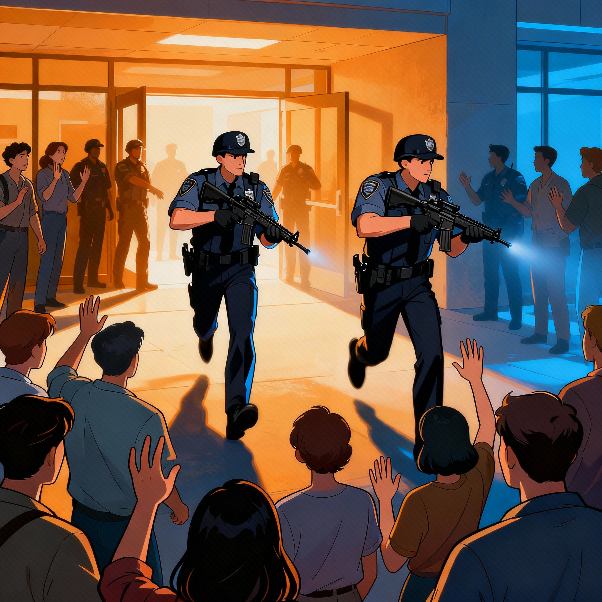 Animated image: police entering scene with weapons drawn, public hands visible, firm instructions, dramatic nonviolent, no text