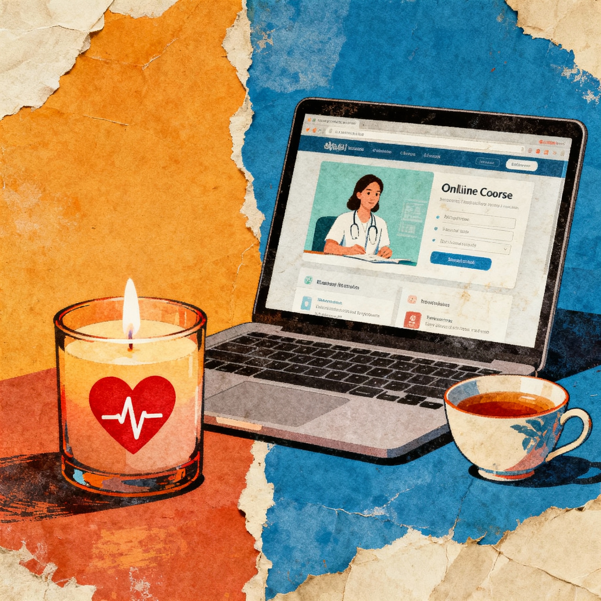 Collage with candle, medical heart, laptop, tea cup