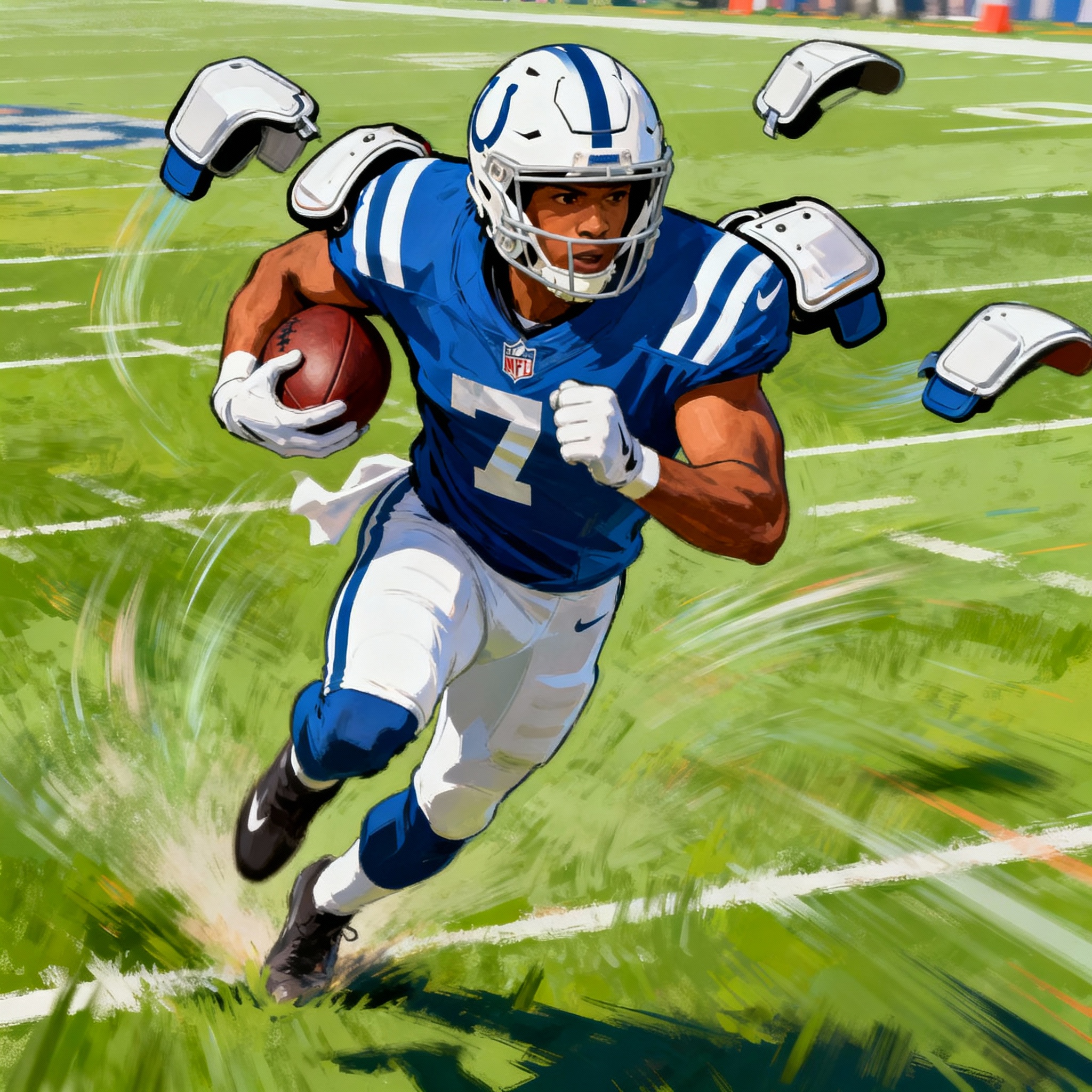 Dynamic painting illustration of an NFL wide receiver in action showcasing speed and athleticism