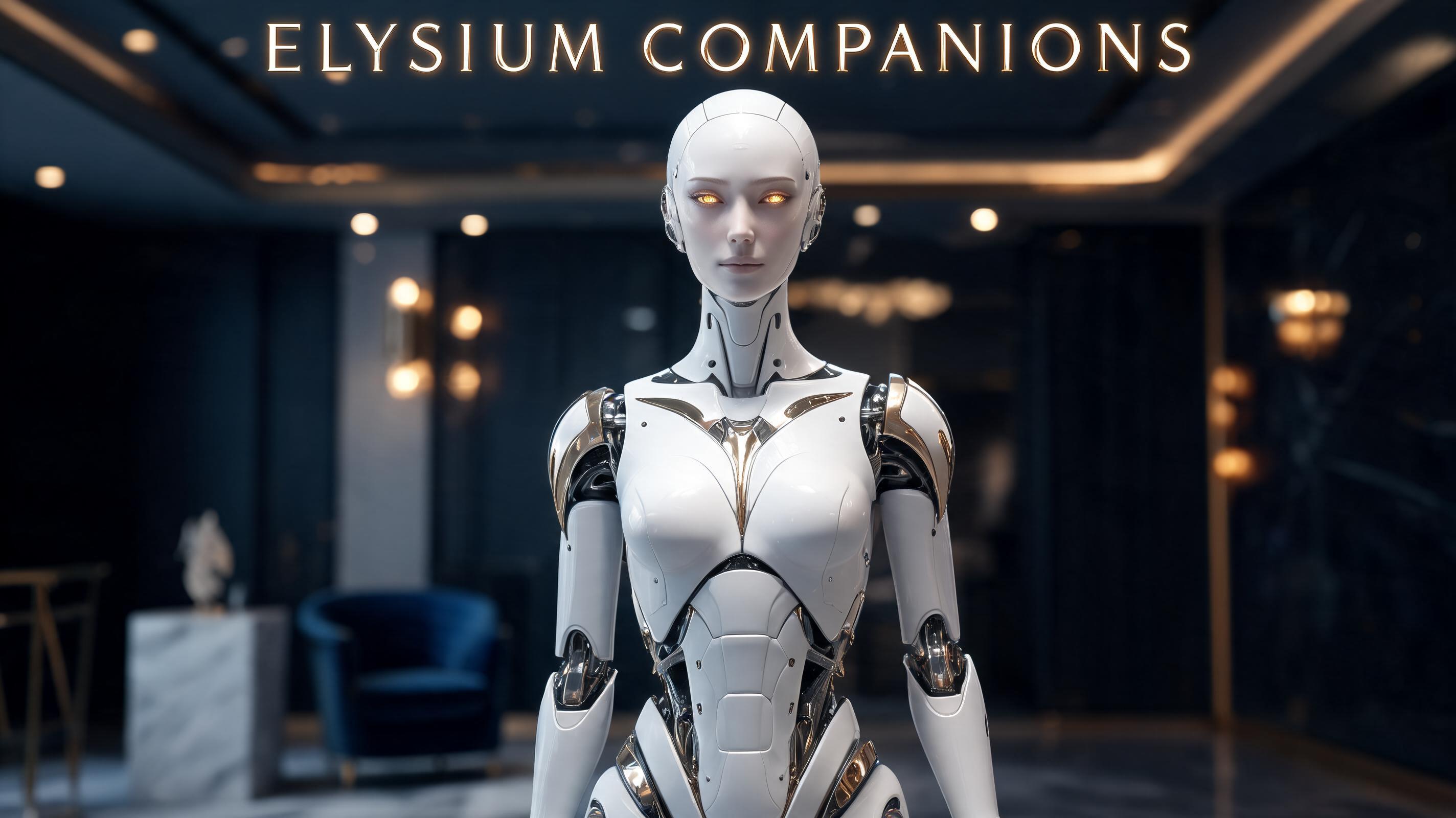 Elysium Companions humanoid robot in luxury environment