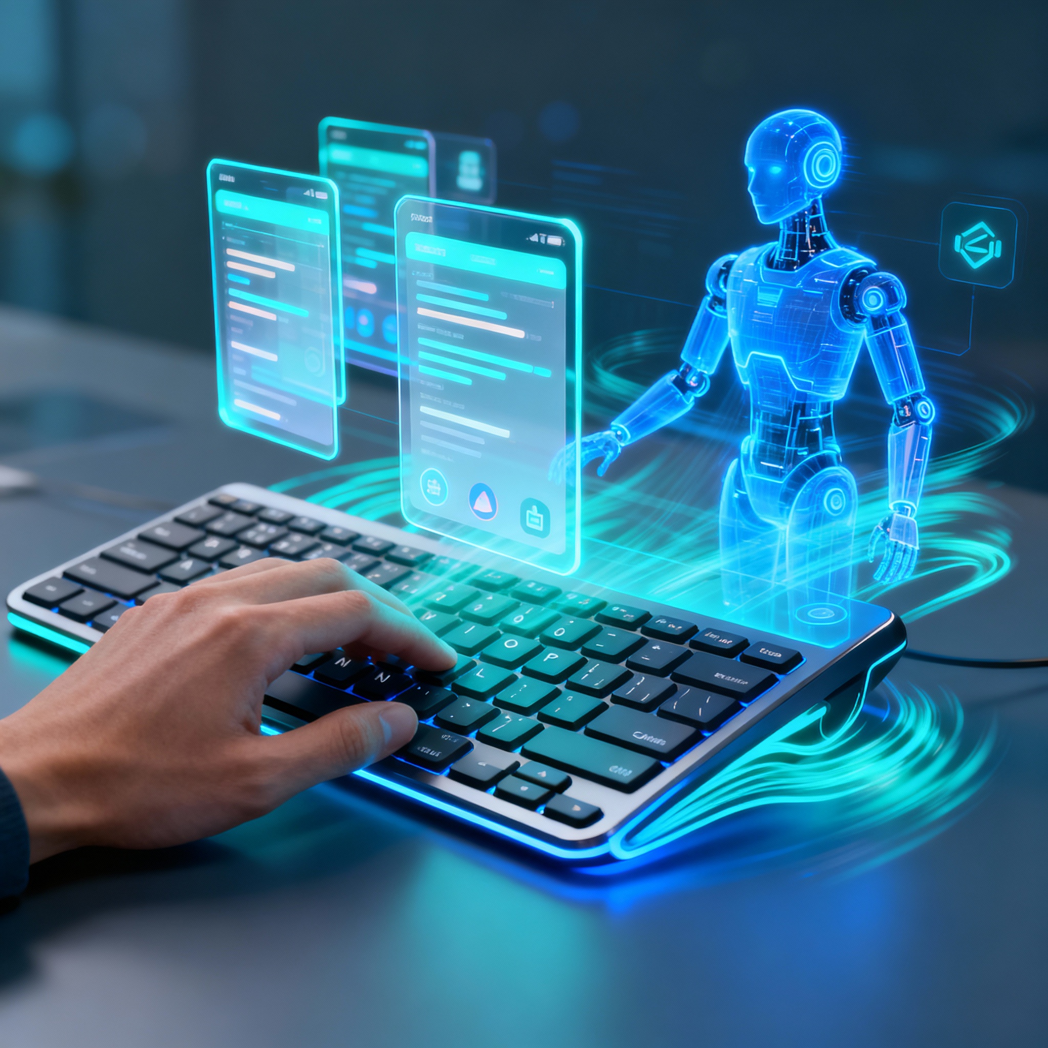 Futuristic keyboard morphing into AI-generated app interface with holographic screens and guiding hand