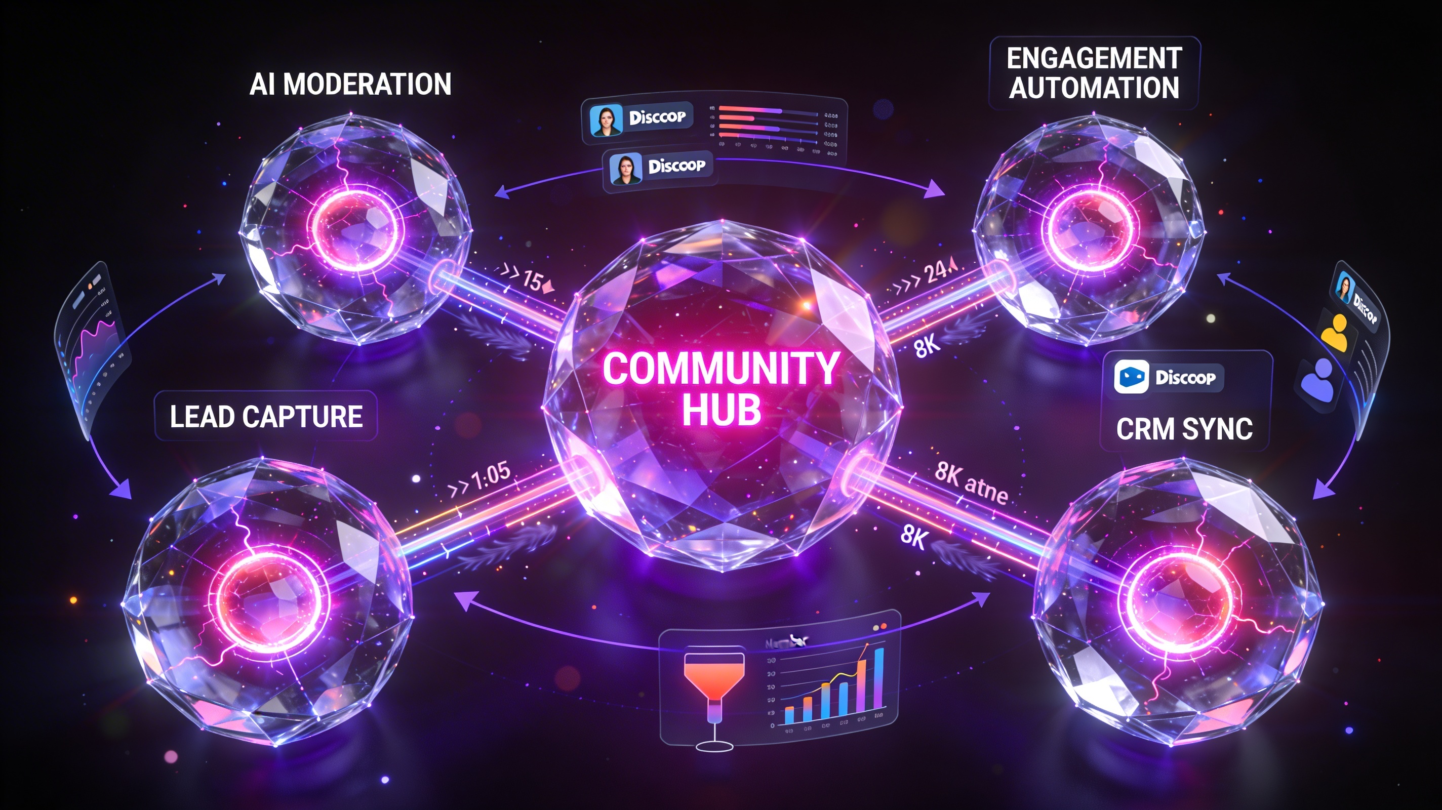 Futuristic holographic technology visualization showing Discord community growth engine architecture with five interconnected glowing crystalline spheres representing Community Hub, AI Moderation, Lead Capture, Engagement Automation, and CRM Sync with data streams flowing between nodes