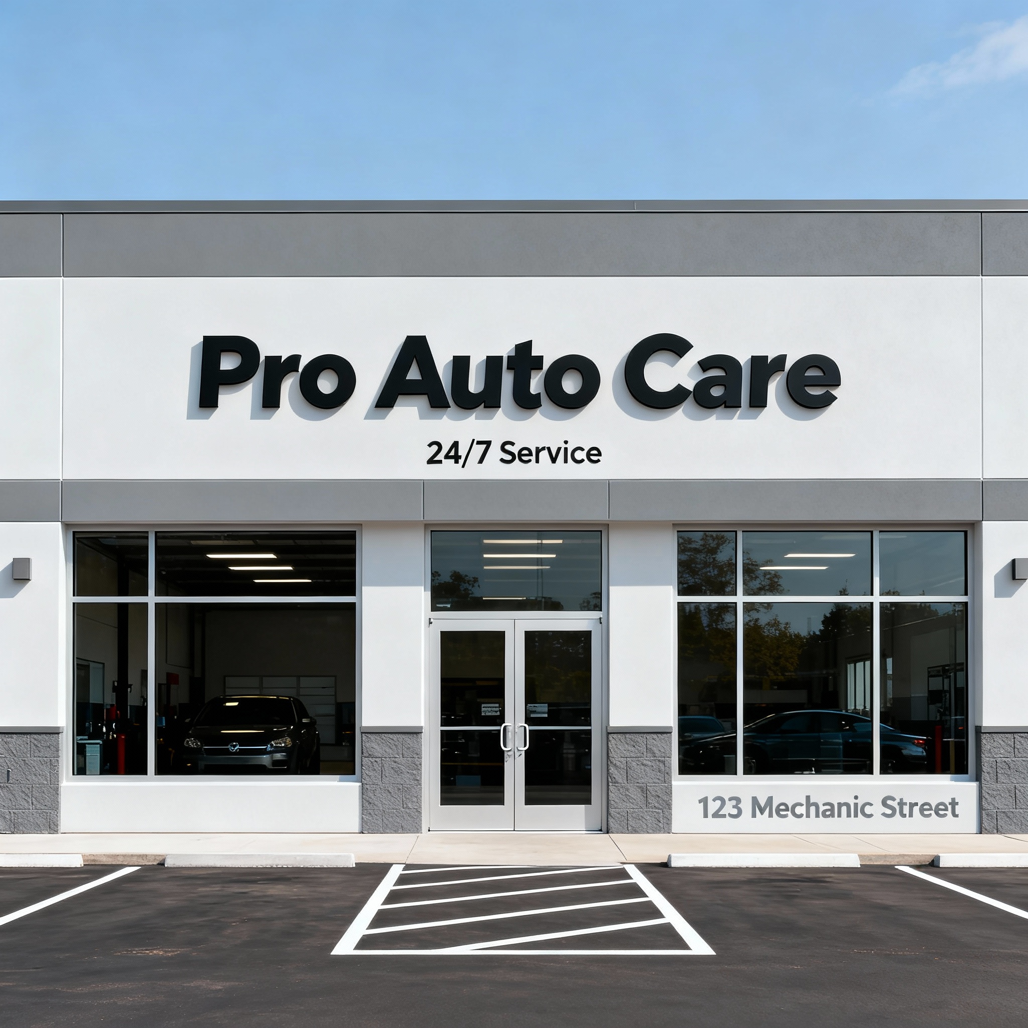 Modern automotive repair shop exterior with professional signage