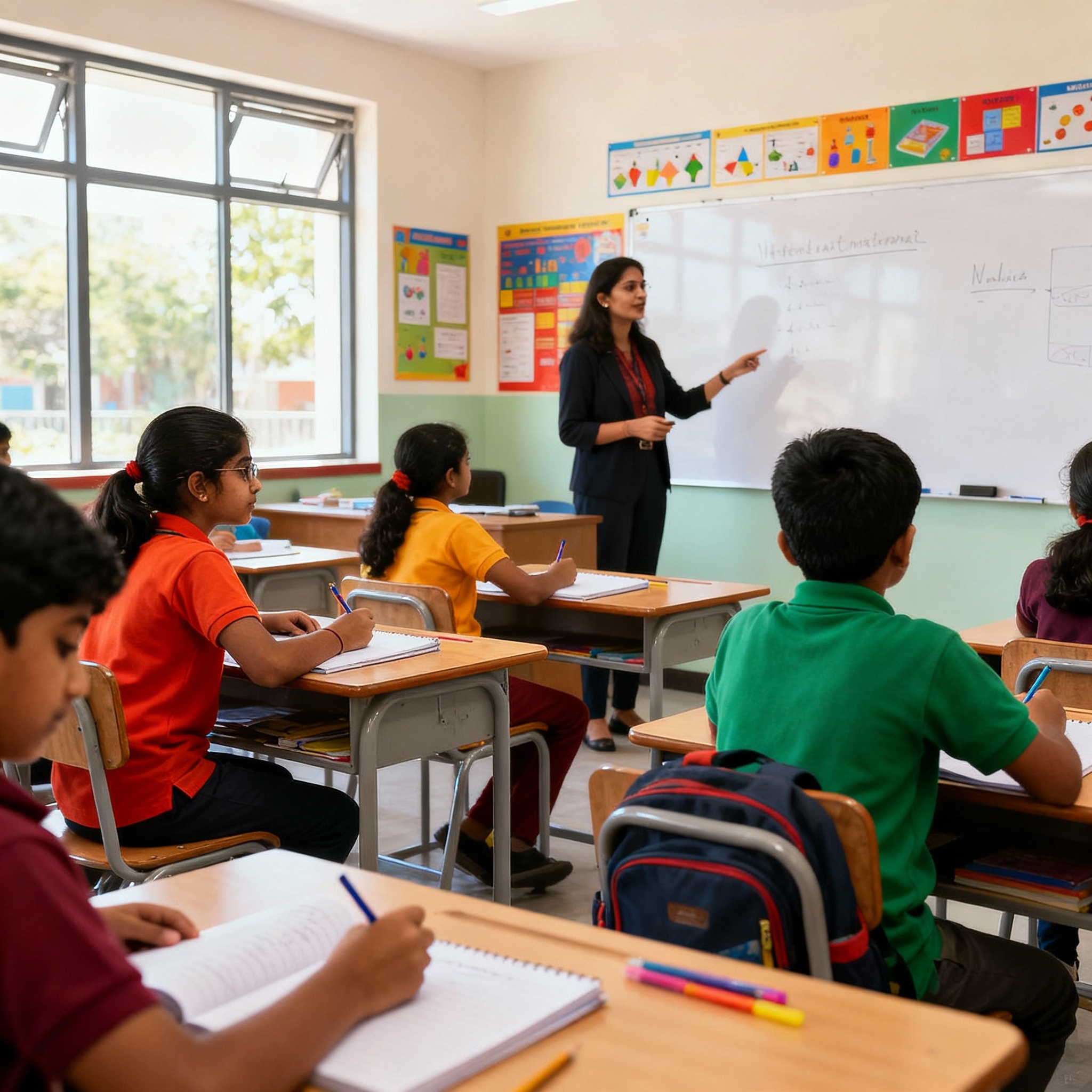 Indian urban school children writing with teacher teaching in international school classroom