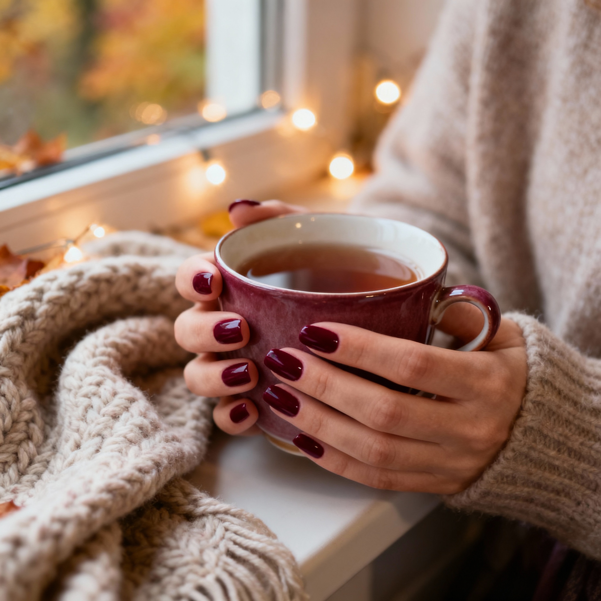 Elegancki manicure w odcieniu burgundu w jesiennej stylizacji