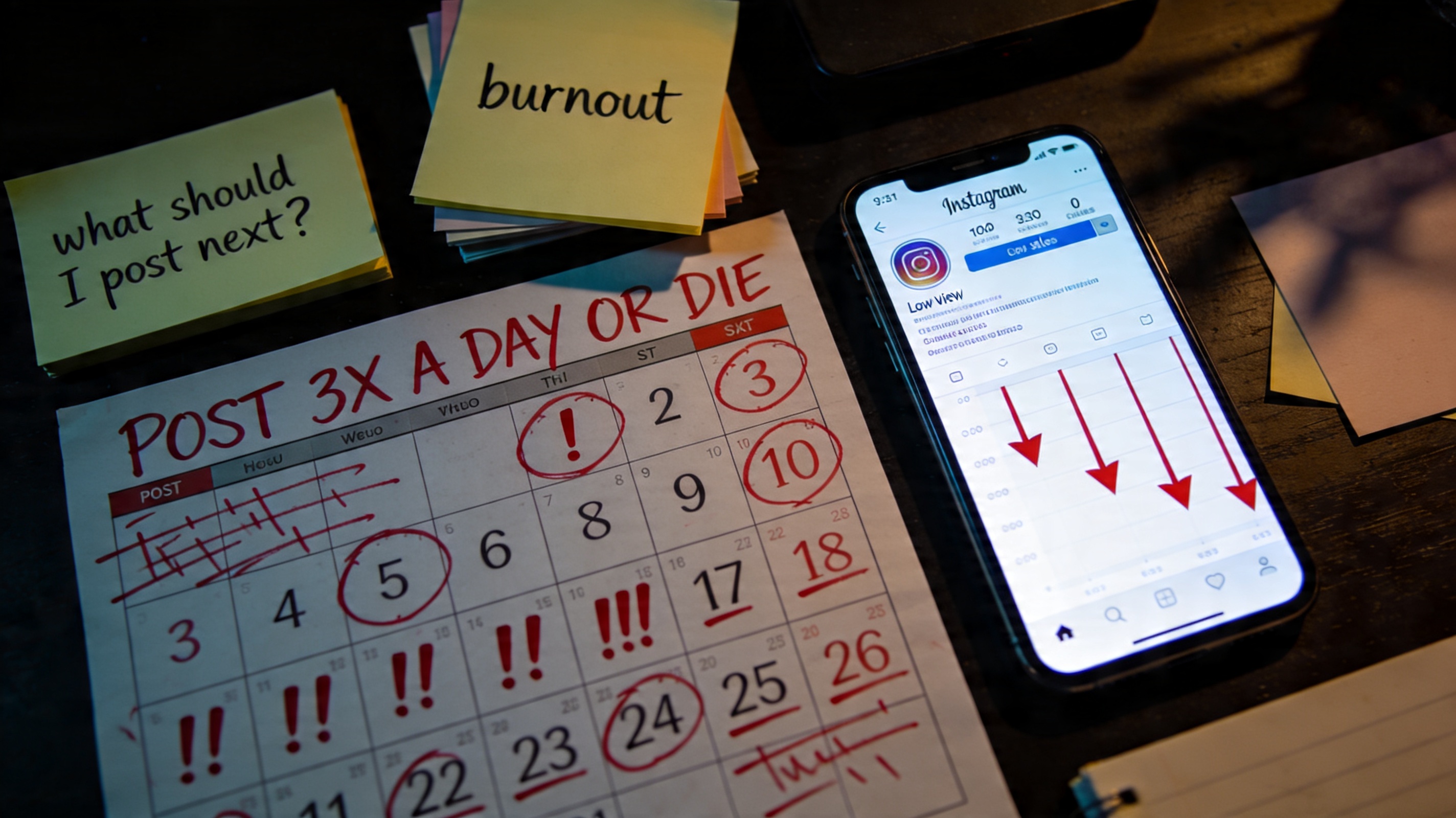 Photorealistic overhead shot of a messy late-night desk with a calendar covered in red ink saying post three times a day or die, alongside a smartphone showing low views, zero sales, and burnout sticky notes.
