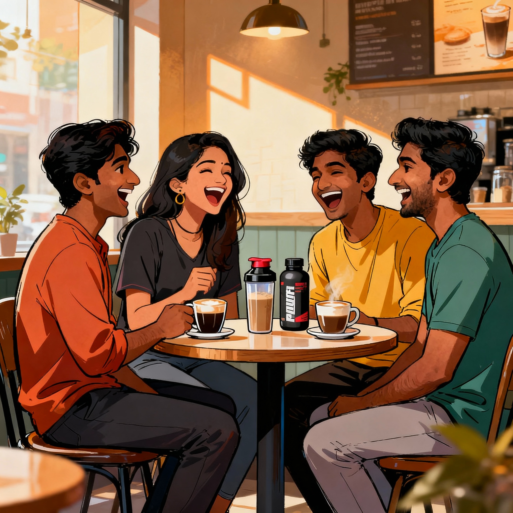 Friends chatting and laughing in café