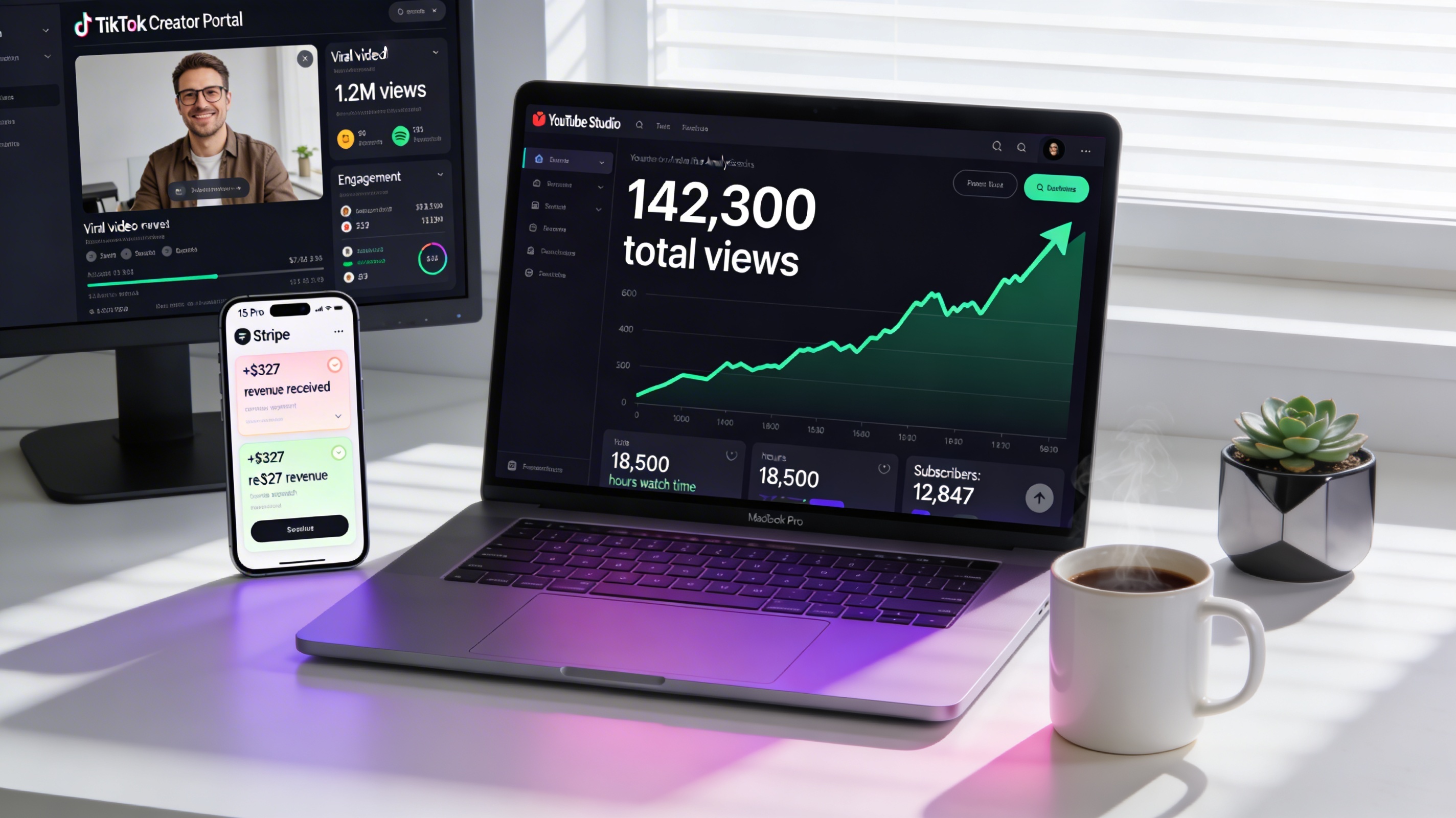 Photorealistic MacBook Pro displaying YouTube analytics with 142,300 views, TikTok dashboard showing 1.2M viral views, iPhone with Stripe payment notifications showing revenue, clean modern workspace with natural lighting.