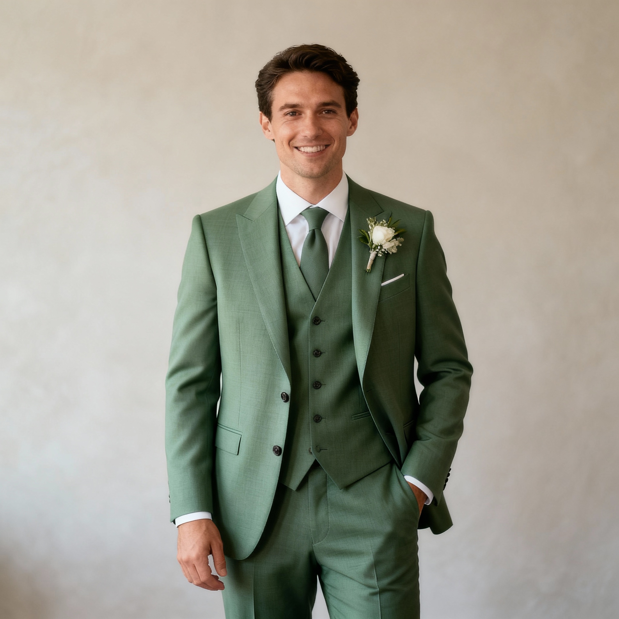 Groom in sage green three-piece suit with modern tailoring