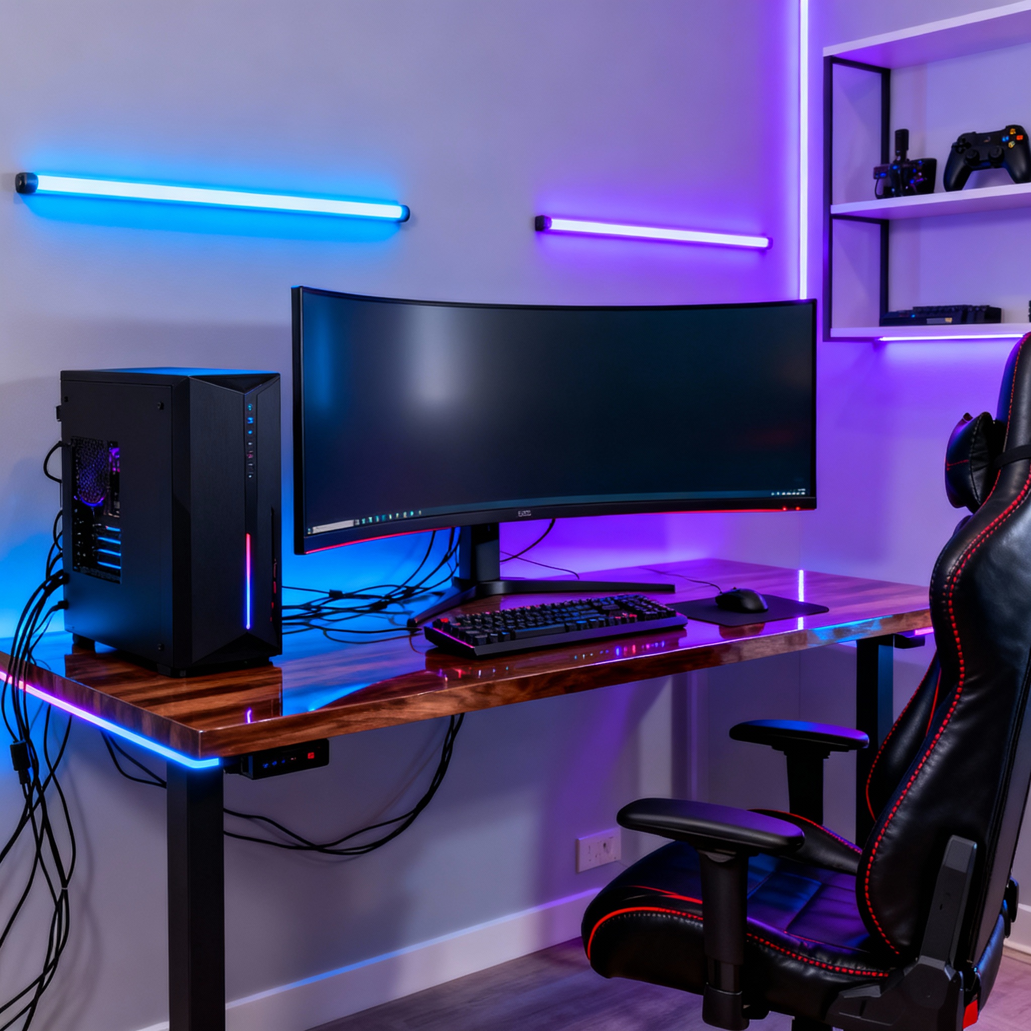 Premium gaming room with high-performance setup and ambient lighting showcasing professional gaming PC, immersive display system, and smart RGB lighting integration