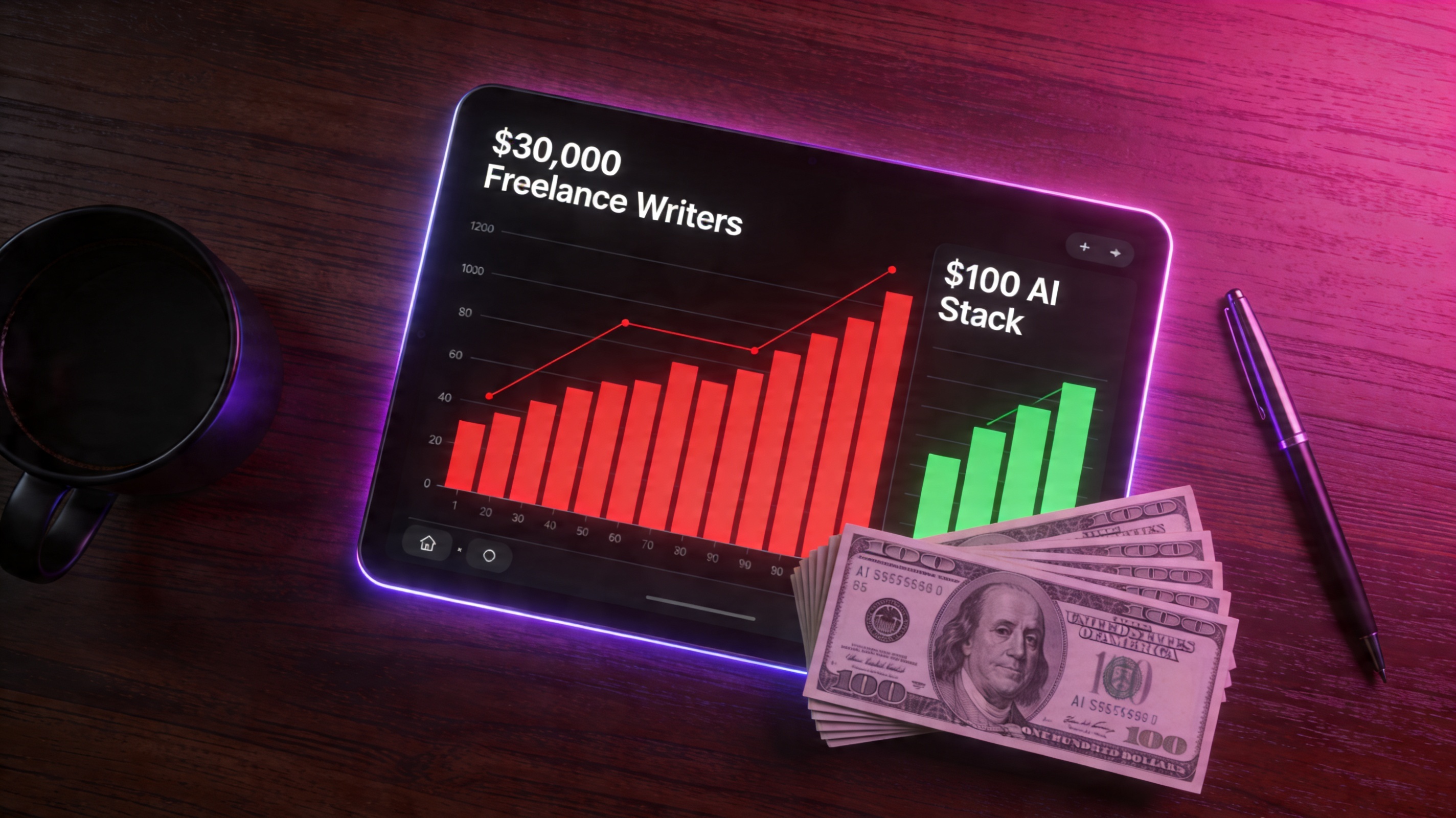 A photorealistic overhead shot of a modern dark mahogany desk. On the desk is a glowing tablet displaying a massive red bar chart labeled $30,000 Freelance Writers next to a tiny green bar chart labeled $100 AI Stack. Stacks of crisp $100 bills sit next to the green bar.