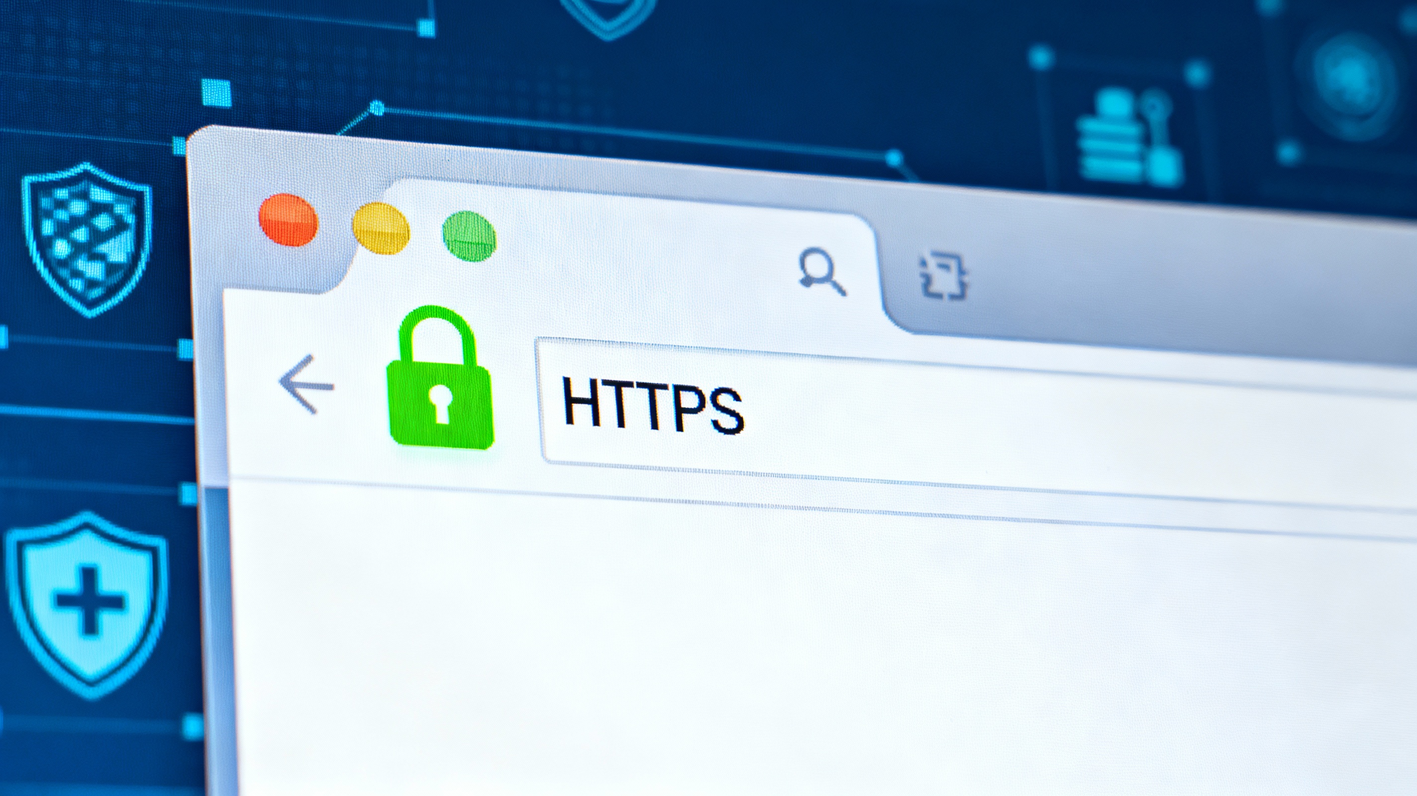 Close-up of browser address bar with green padlock and HTTPS, clean modern digital security style