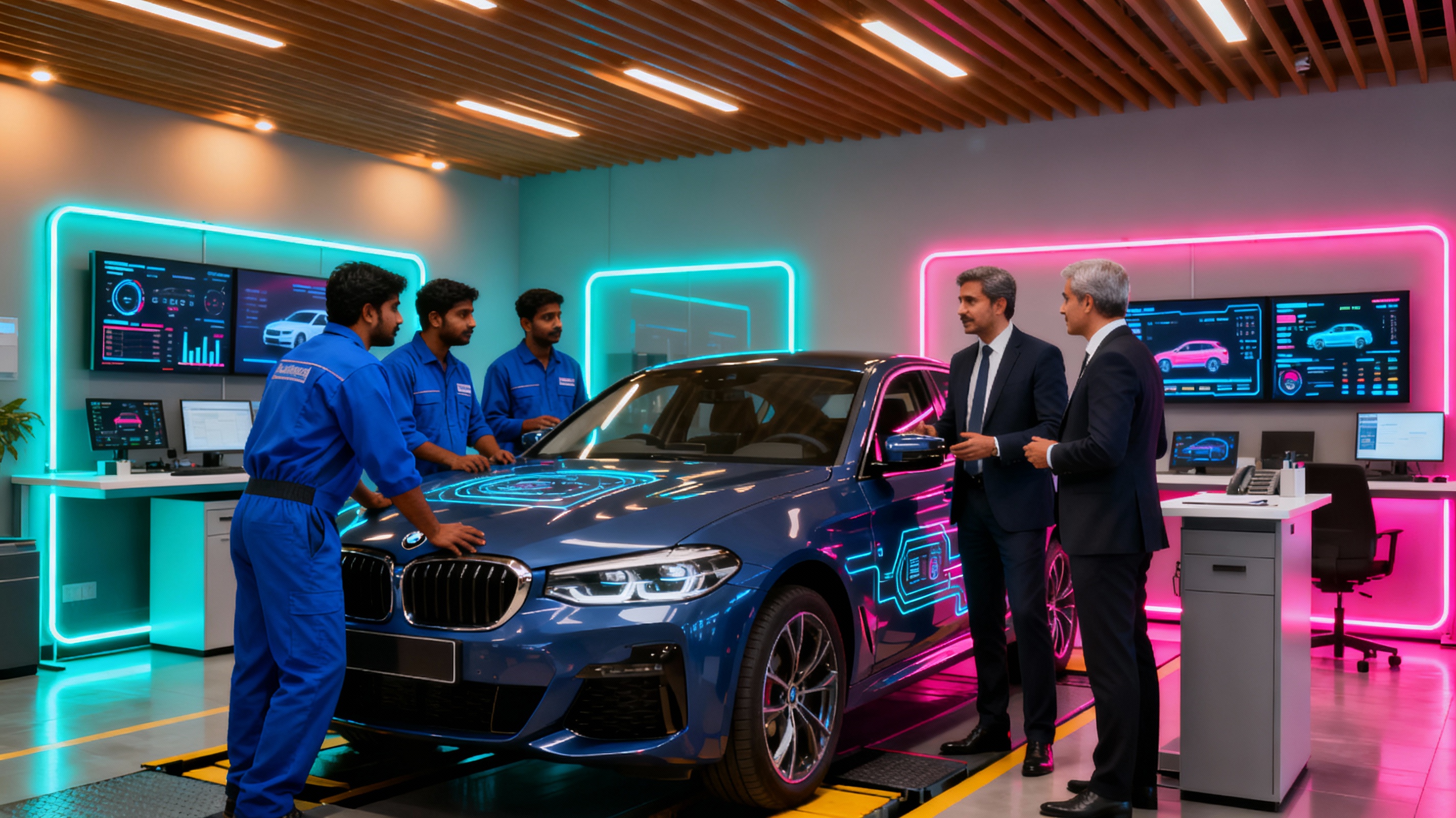 Technicians and sales staff in a connected automotive dealership