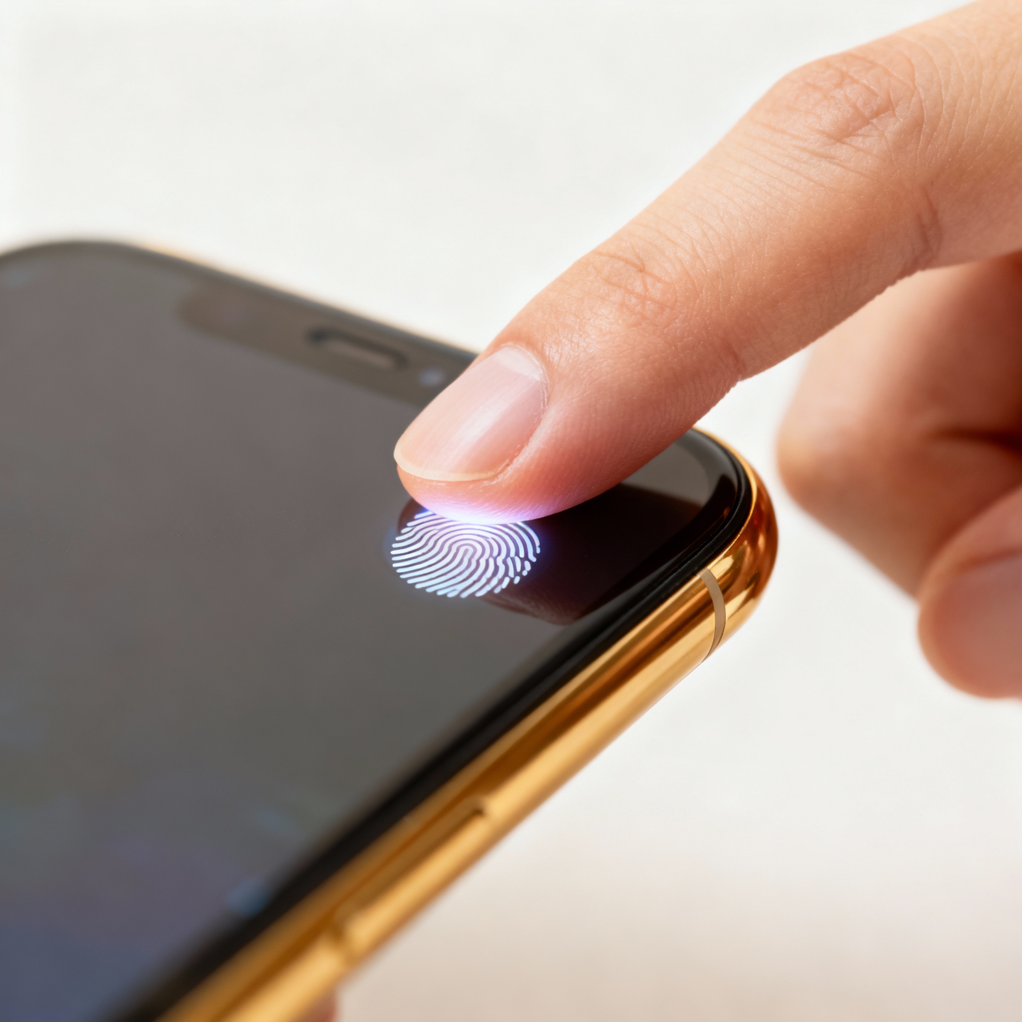 Customer unlocking smartphone with fingerprint recognition showing simplicity and convenience.