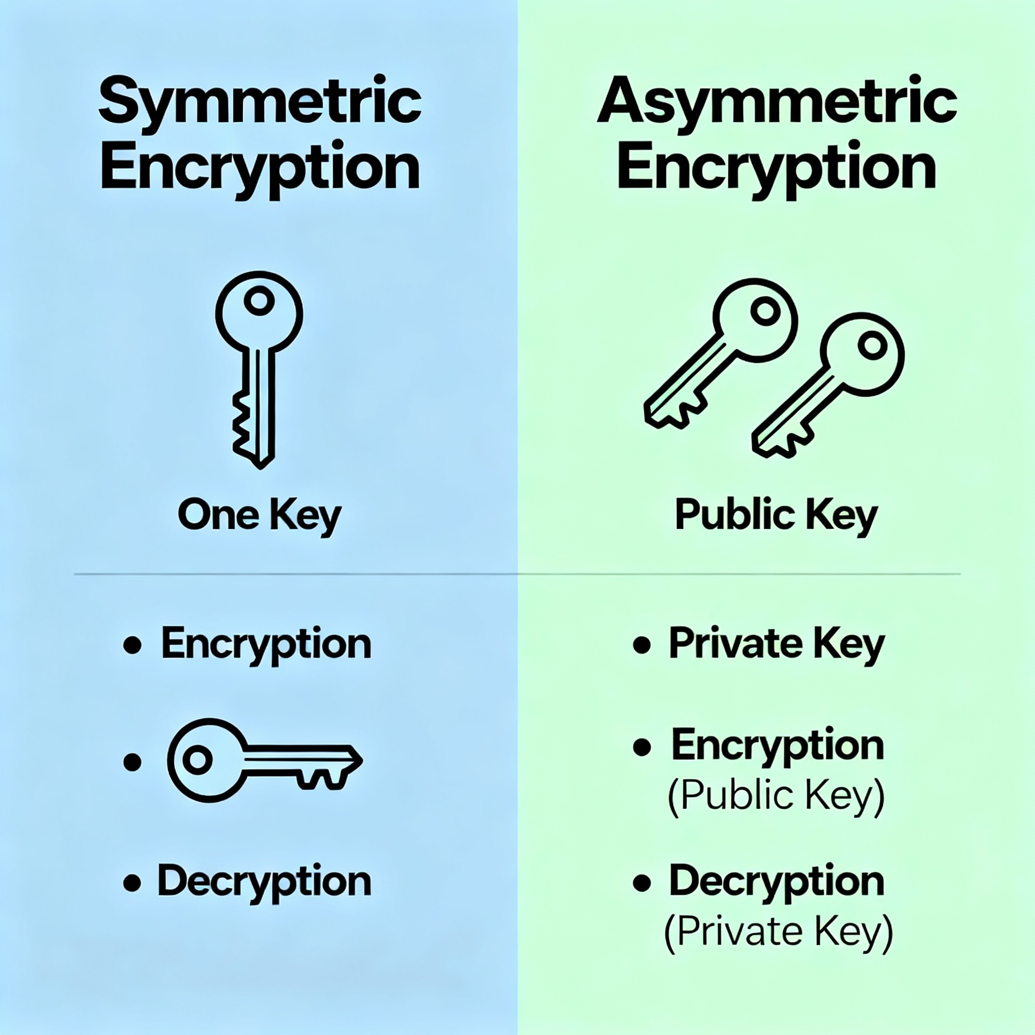 Symmetric vs asymmetric encryption split image.