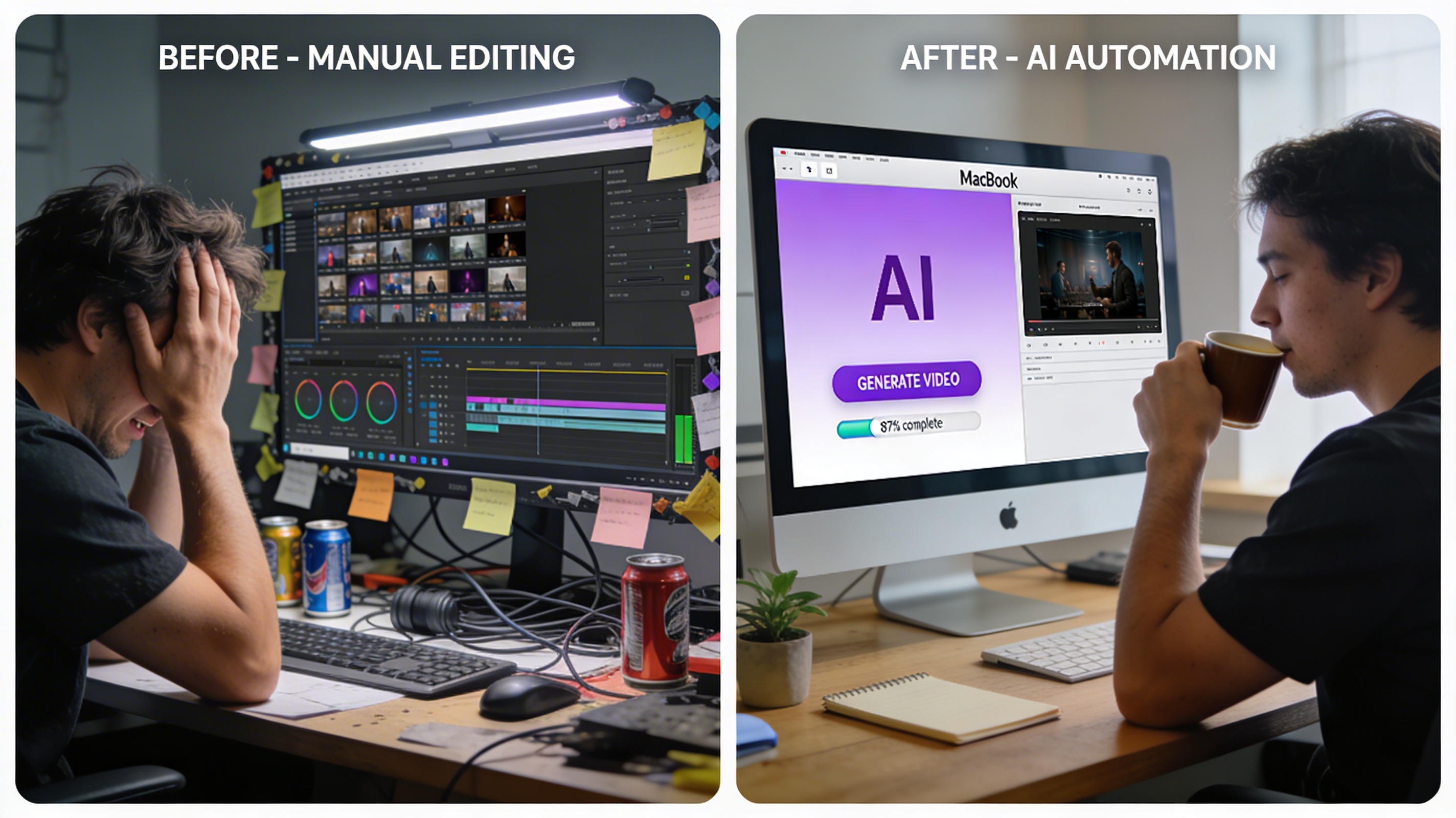 Photorealistic comparison: Left shows stressed video editor with cluttered Adobe Premiere timeline, energy drinks, messy workspace. Right shows calm user with clean AI interface generating video automatically with one button, coffee, organized desk.