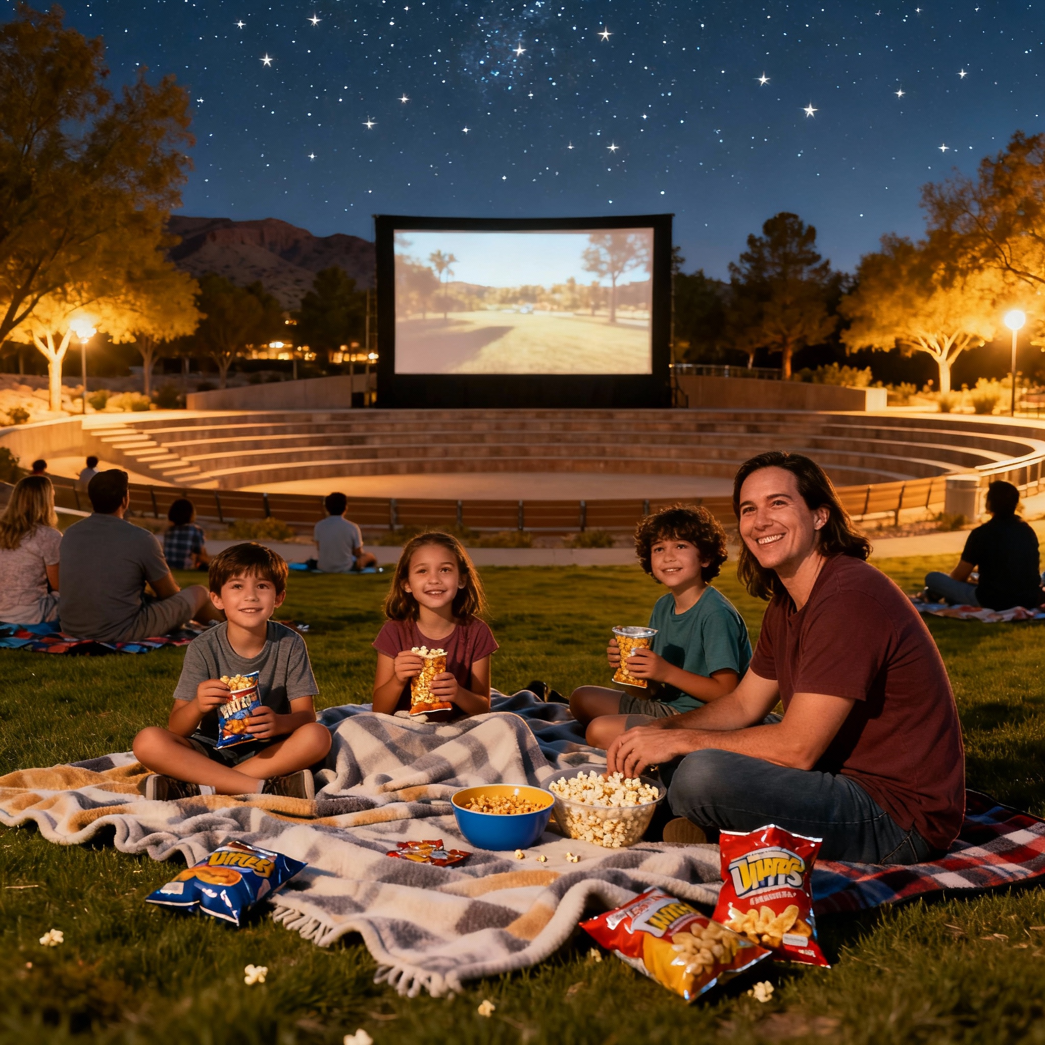 Henderson Nevada families enjoying outdoor movie night entertainment under the stars with blankets, snacks, and community atmosphere at local park