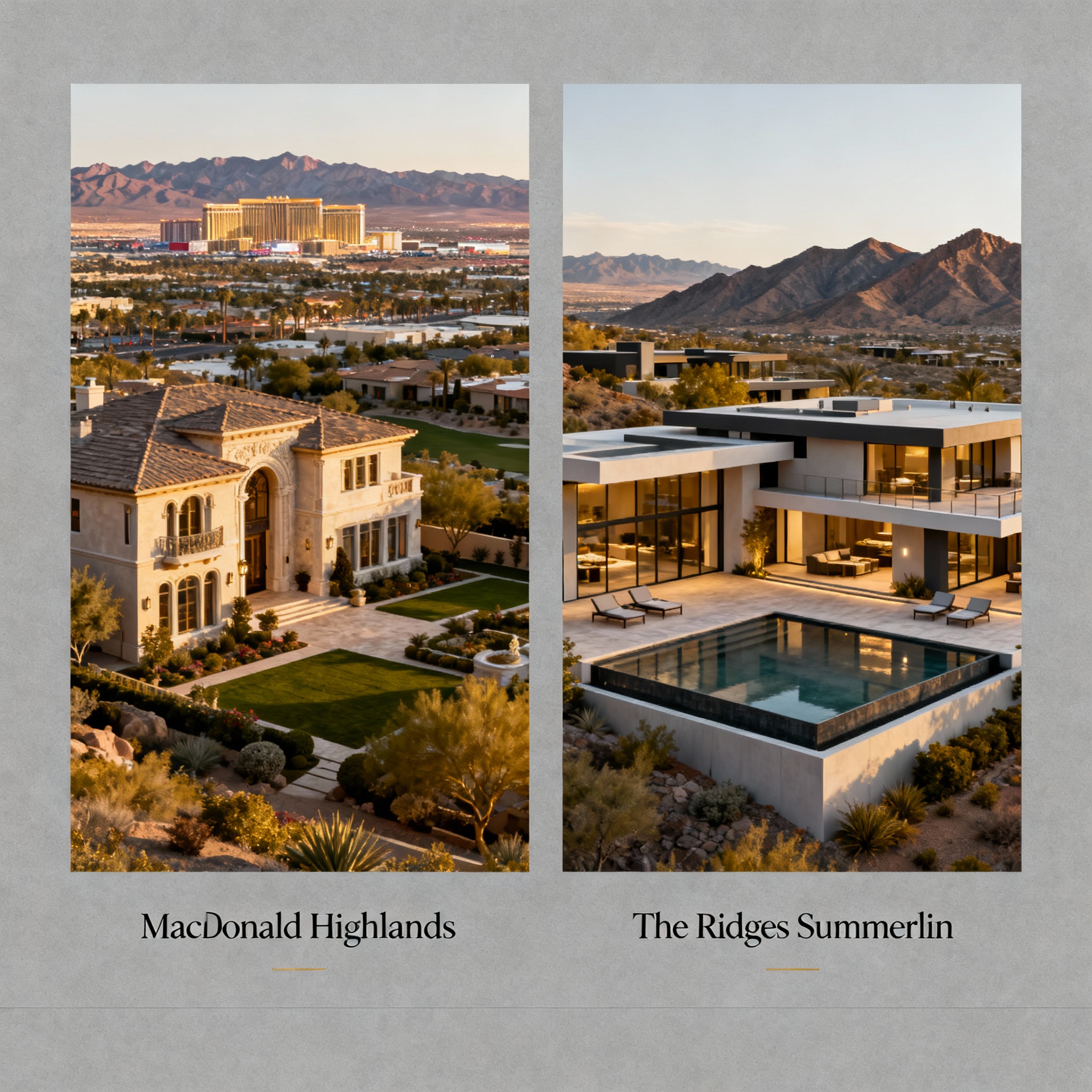 MacDonald Highlands Henderson Nevada luxury homes overlooking Las Vegas Strip compared with The Ridges Summerlin mountain estates featuring golf course views and modern architecture