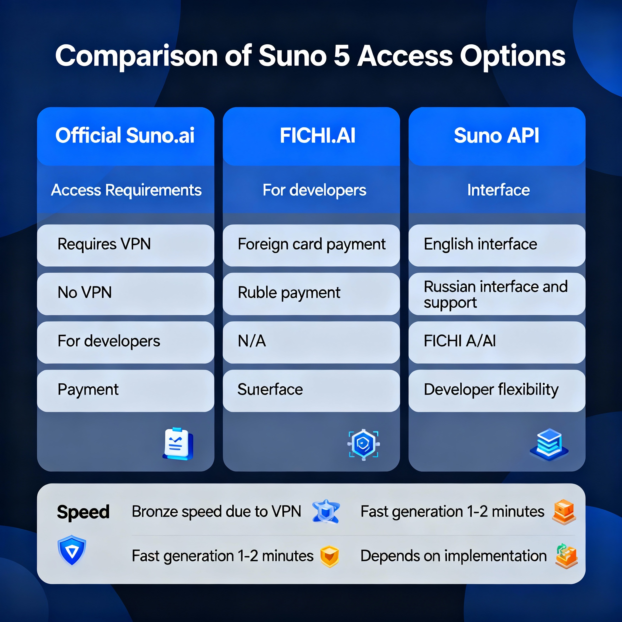 Сравнение вариантов доступа к Suno 5: официальный Suno.ai, FICHI.AI и Suno API.