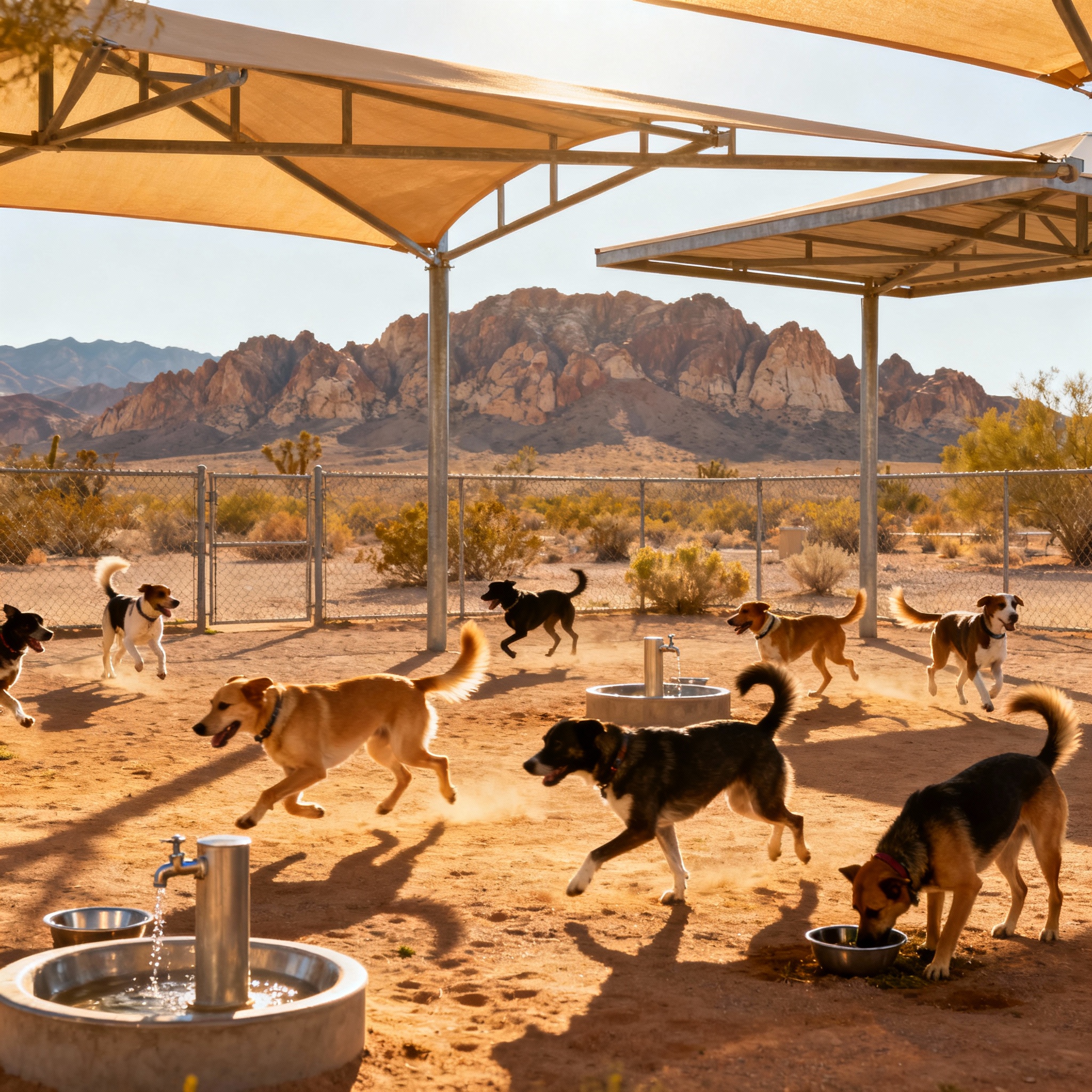 Enterprise Nevada dog parks featuring off-leash areas with dogs playing running and socializing in fenced areas with shade structures water fountains and desert landscape