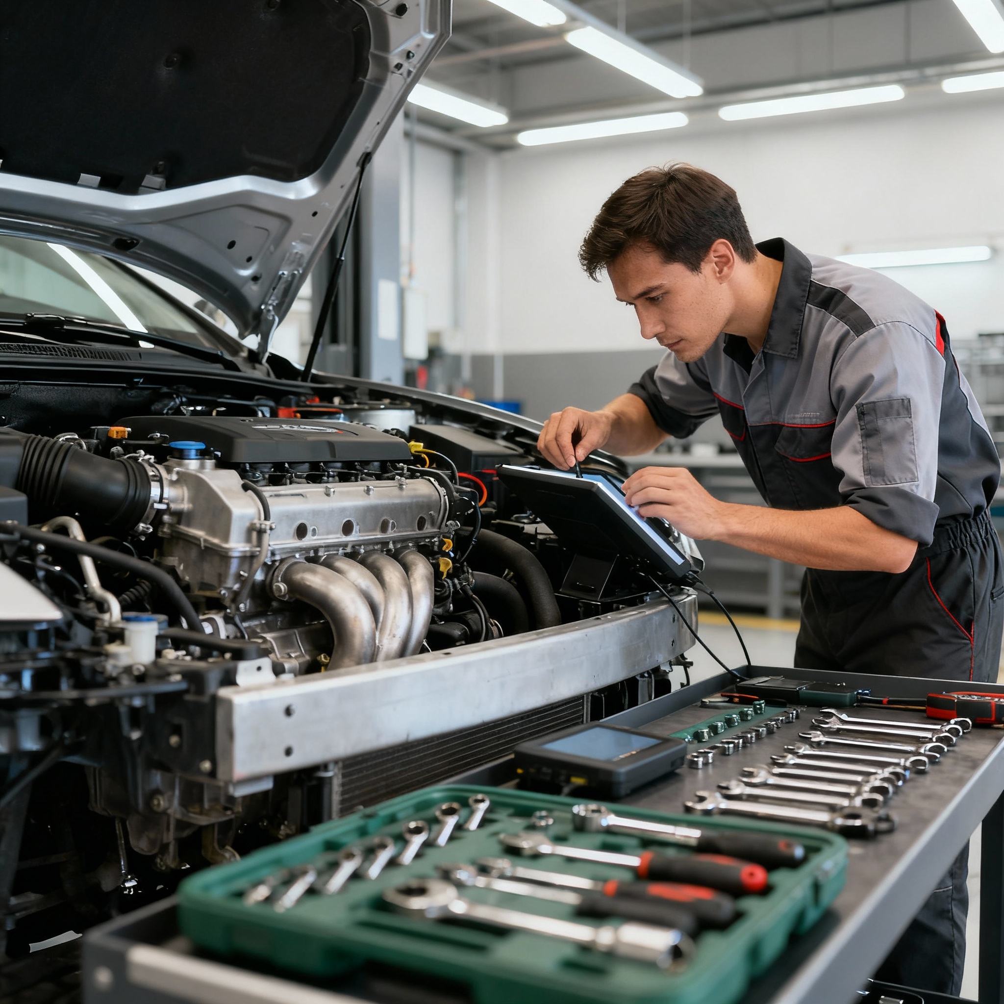 Professional automotive technician performing engine diagnostics