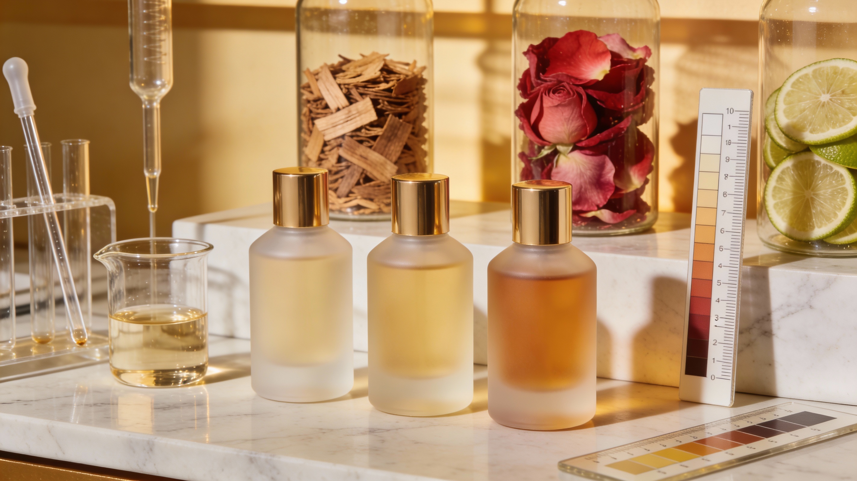 Professional fragrance laboratory with testing equipment and premium ingredients