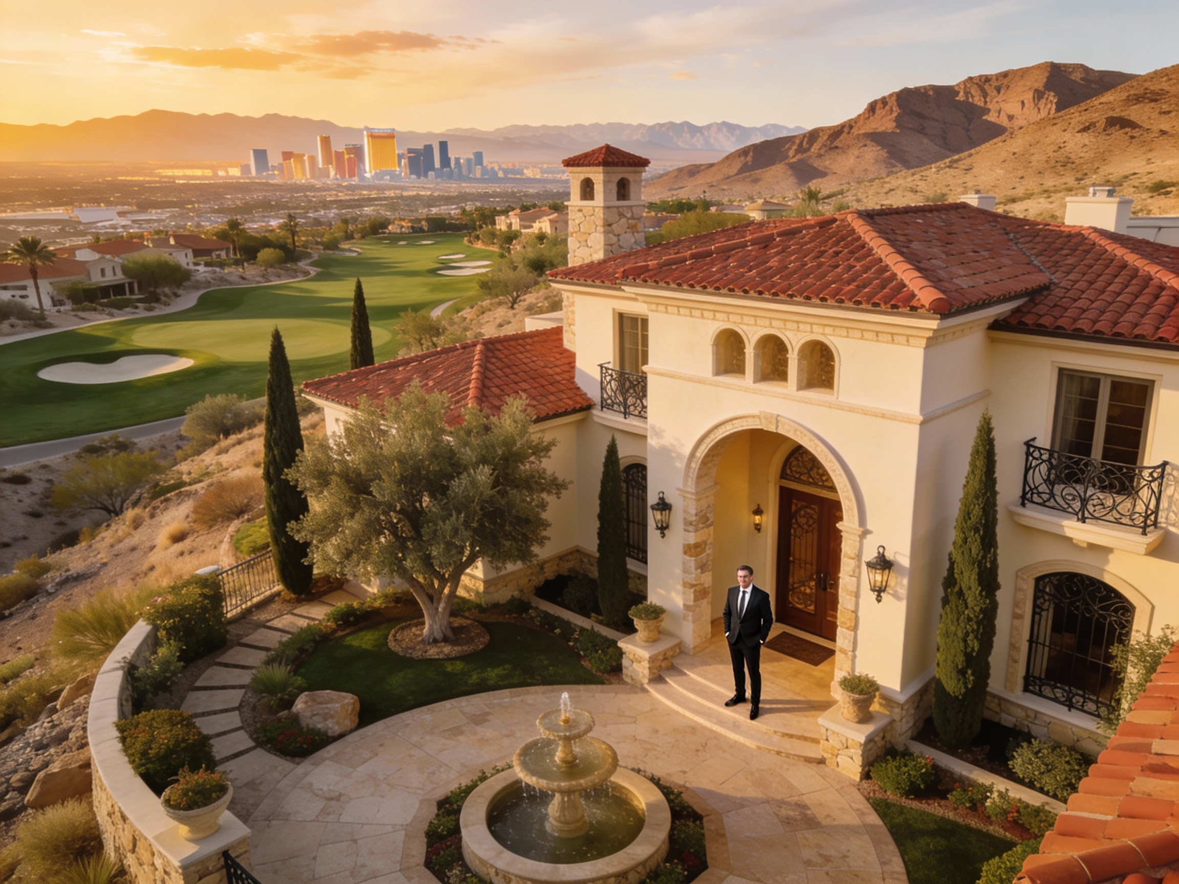 Southern Highlands Mediterranean luxury estate with championship golf course and Las Vegas Valley views