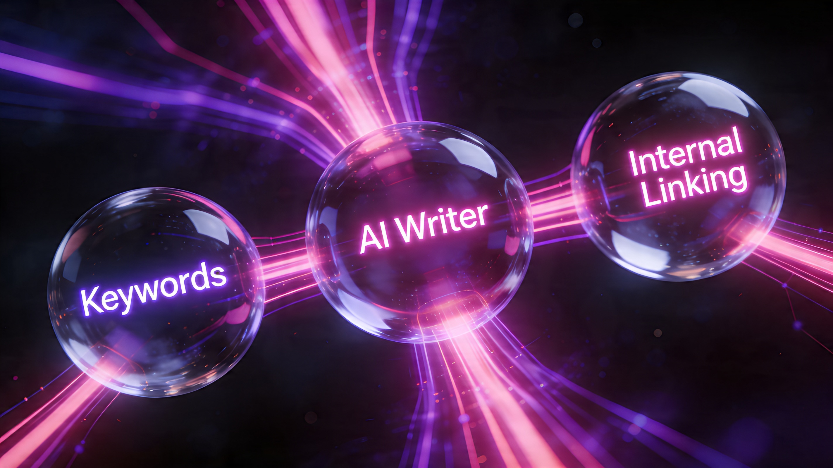 A glowing, 3-tool futuristic tech stack architecture visualization floating in a dark void. Three sleek, translucent glass spheres connected by neon pink and purple energy streams. The design looks like high-end software architecture UI. Cinematic lighting, 8k resolution.