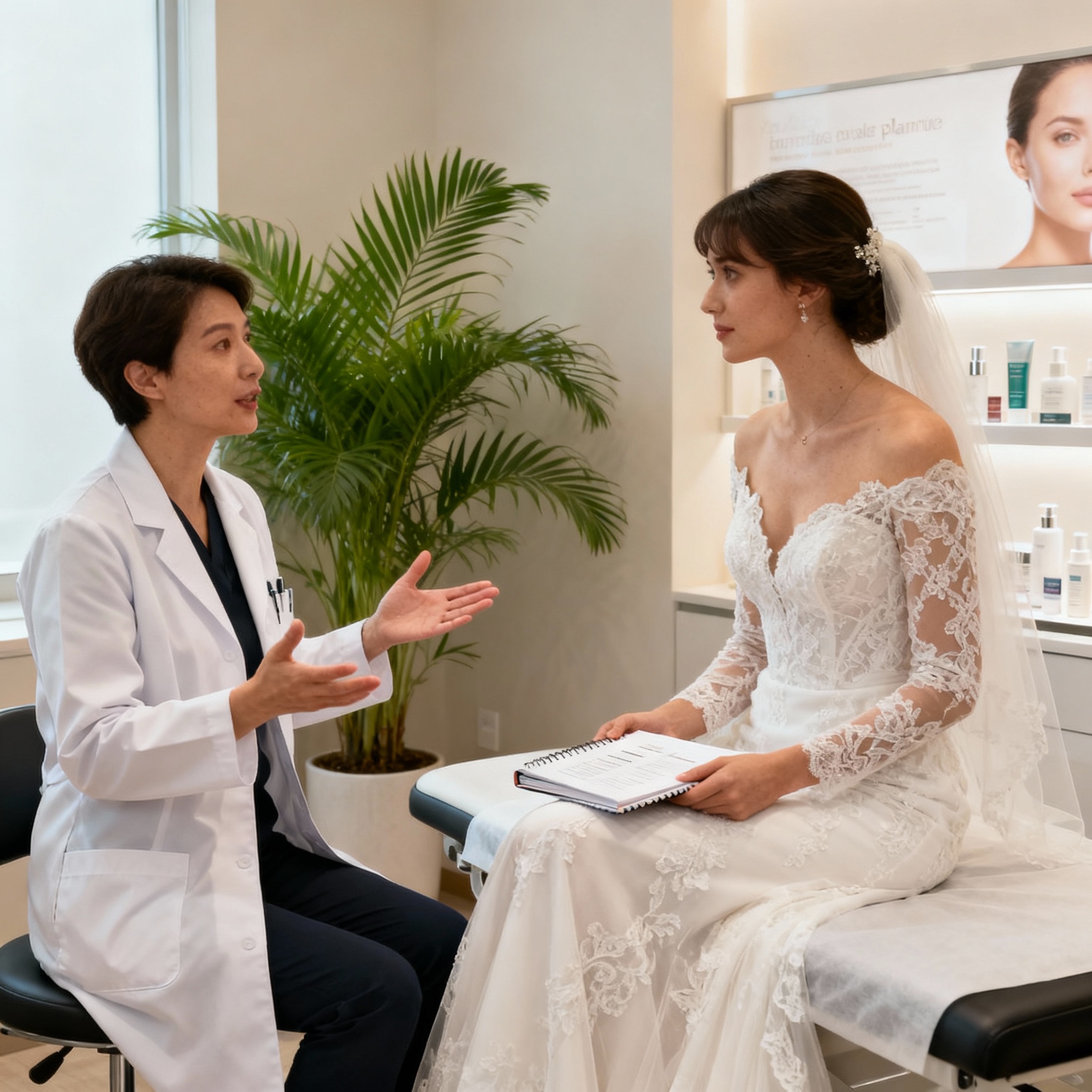 Bride consulting dermatologist for glowing skin in a spa setting