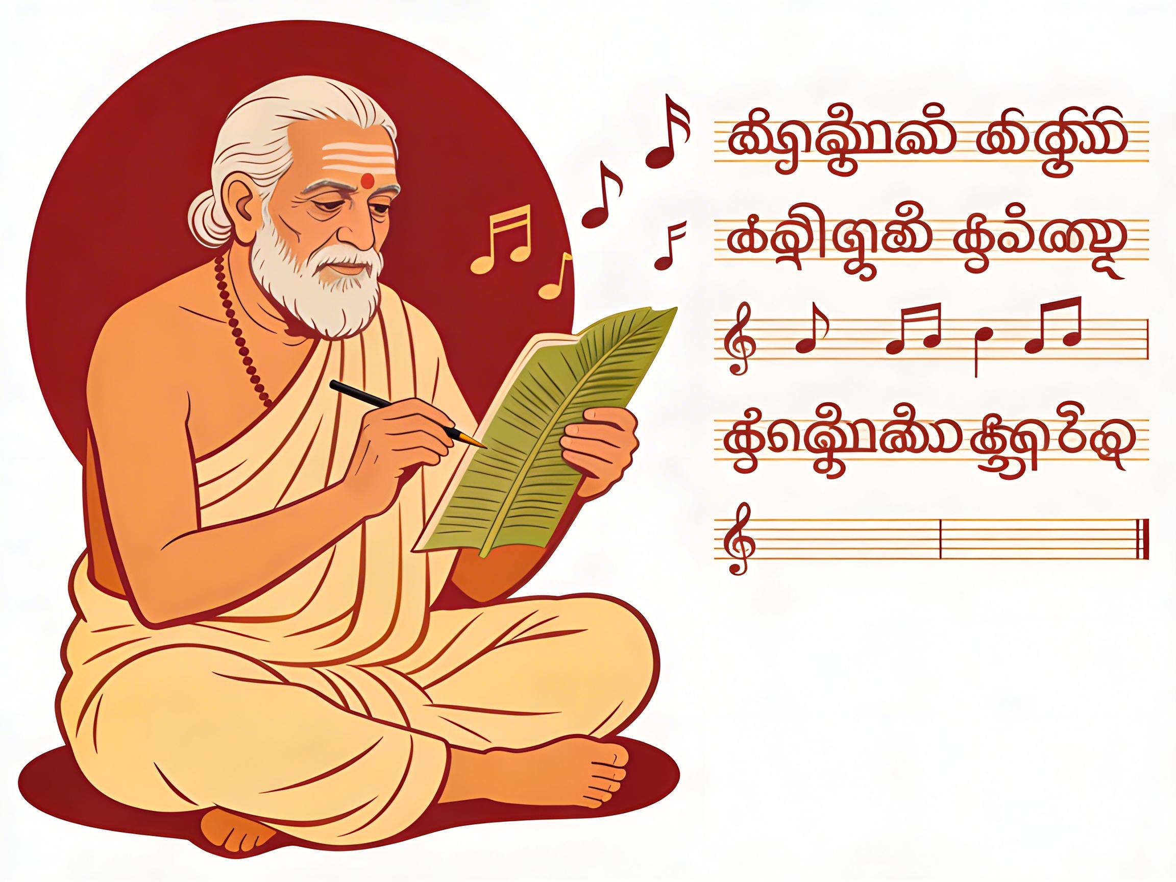 Saint Arunagirinathar seated in meditation composing Thirupugazh hymns, illustrated in Tamil devotional art style
