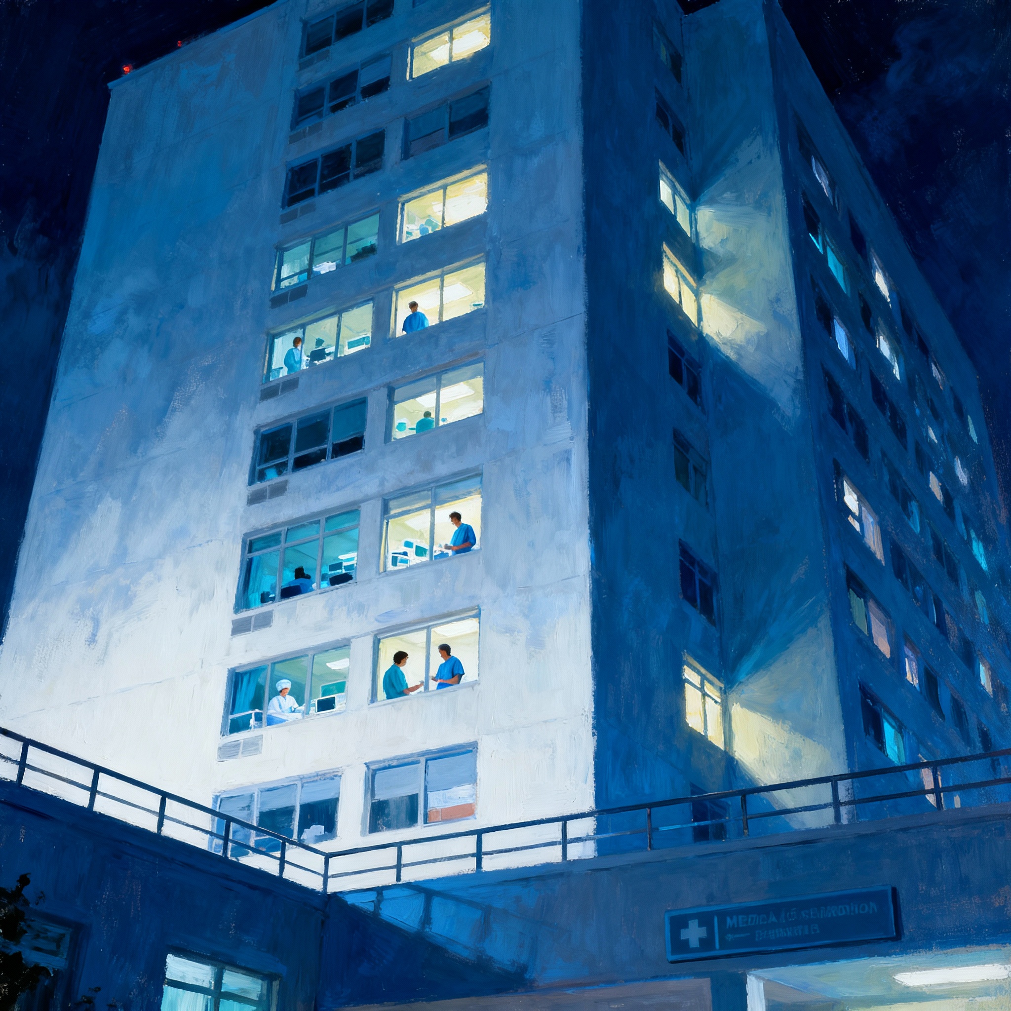 Artistic painting illustration of a towering hospital in Hong Kong medical drama style